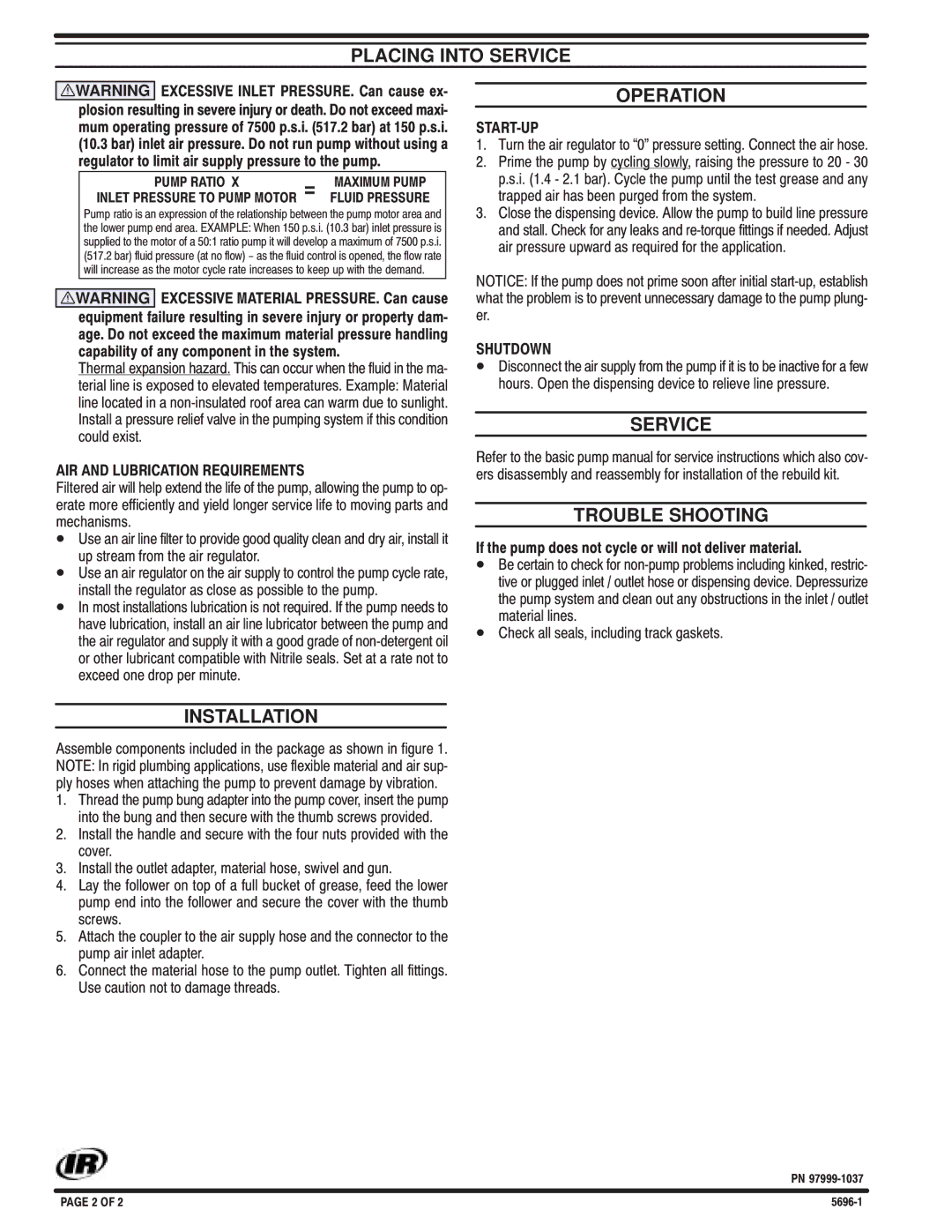 Ingersoll-Rand 5696-1 specifications Placing Into Service, Operation, Trouble Shooting, Installation 