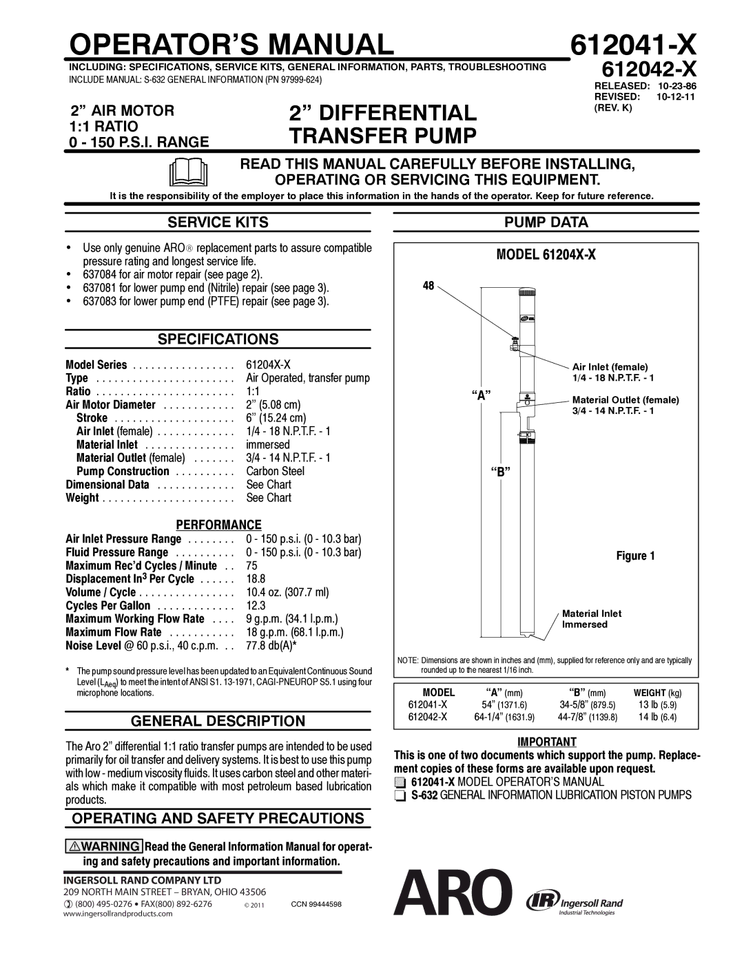 Ingersoll-Rand 612041-X specifications AIR Motor, Ratio, Service Kits, General Description, Pump Data 