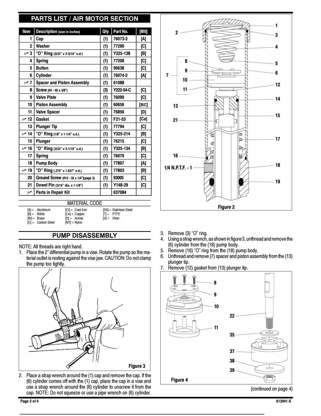 Ingersoll-Rand 612041-X specifications Parts List / AIR Motor Section, Pump Disassembly 