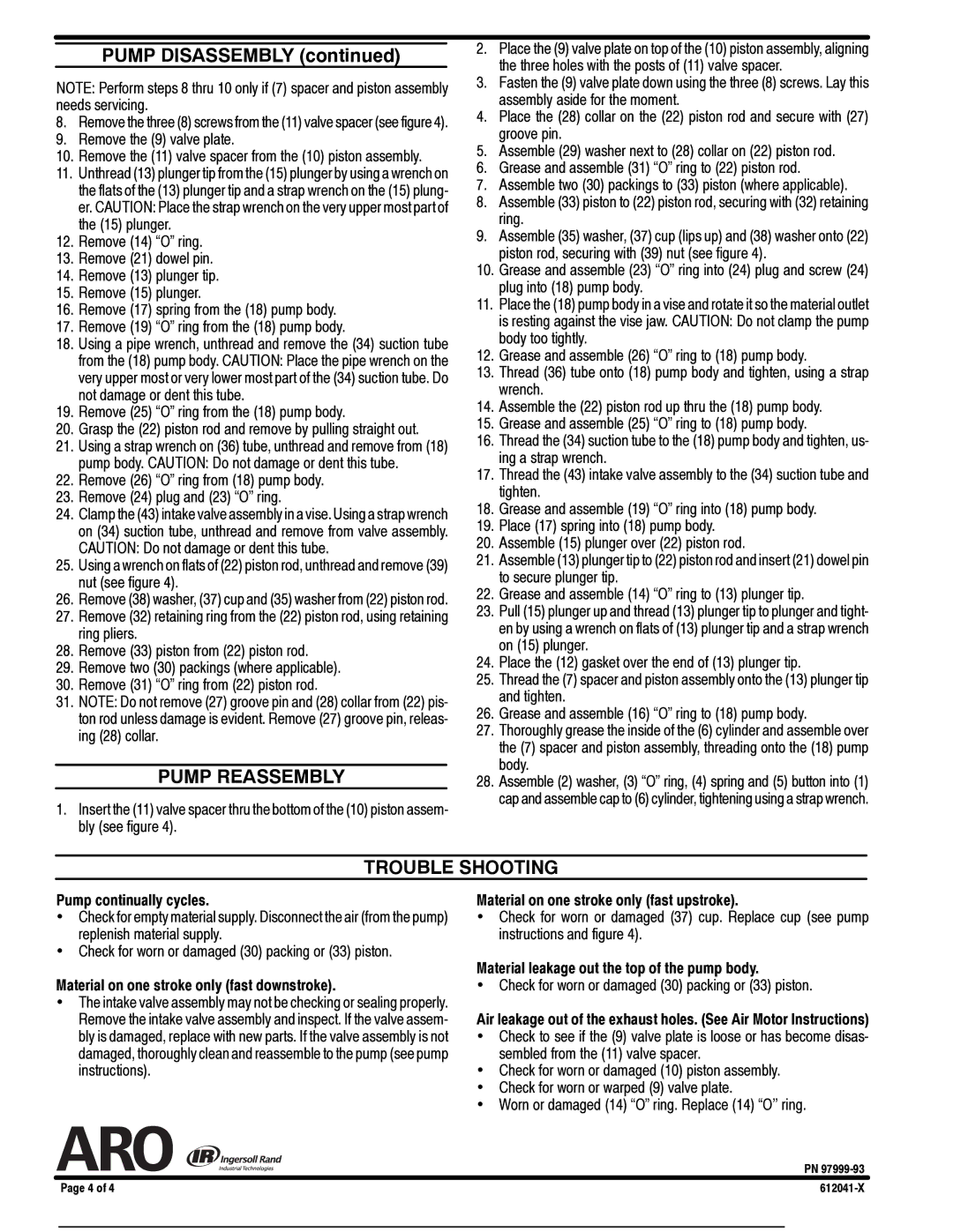 Ingersoll-Rand 612041-X specifications Pump Reassembly, Trouble Shooting 