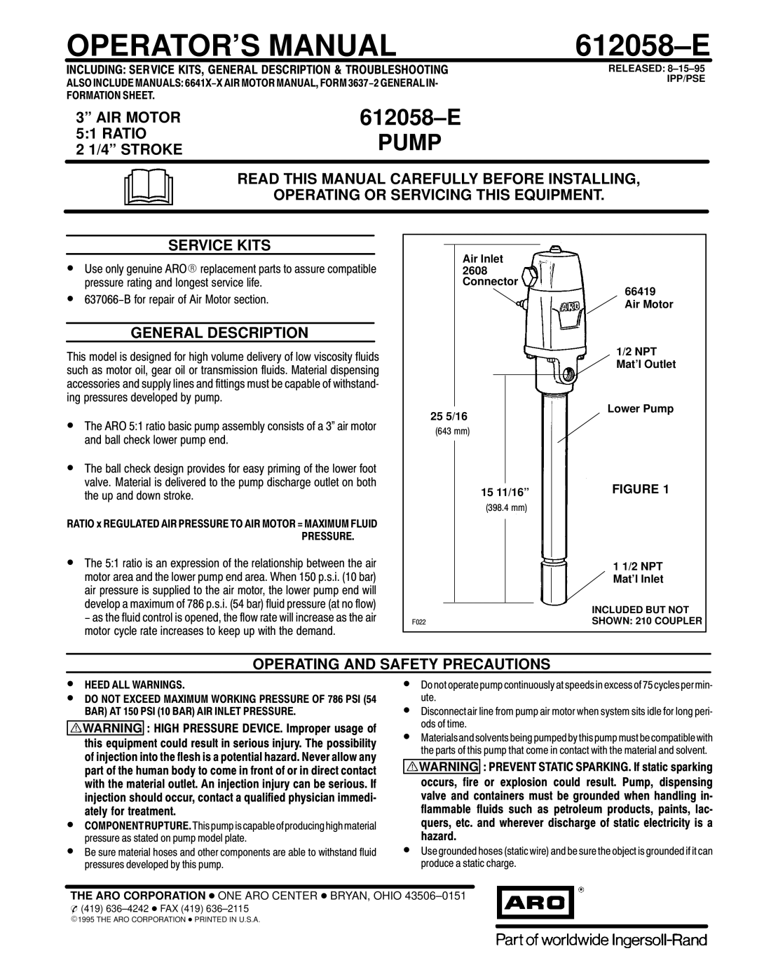 Ingersoll-Rand 612058E manual AIR Motor, Ratio, General Description, Operating and Safety Precautions 