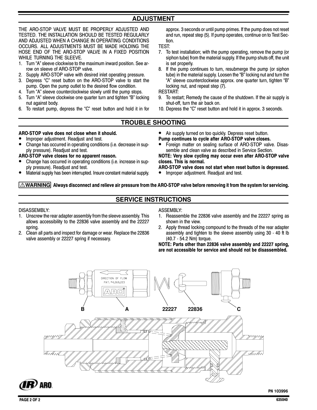 Ingersoll-Rand 635040 manual Adjustment, Trouble Shooting, Service Instructions 