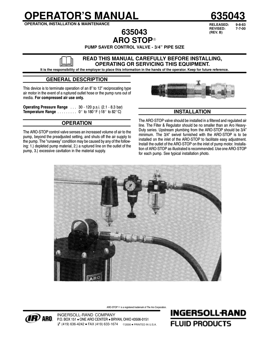 Ingersoll-Rand 635043 manual General Description, Operation, Installation 