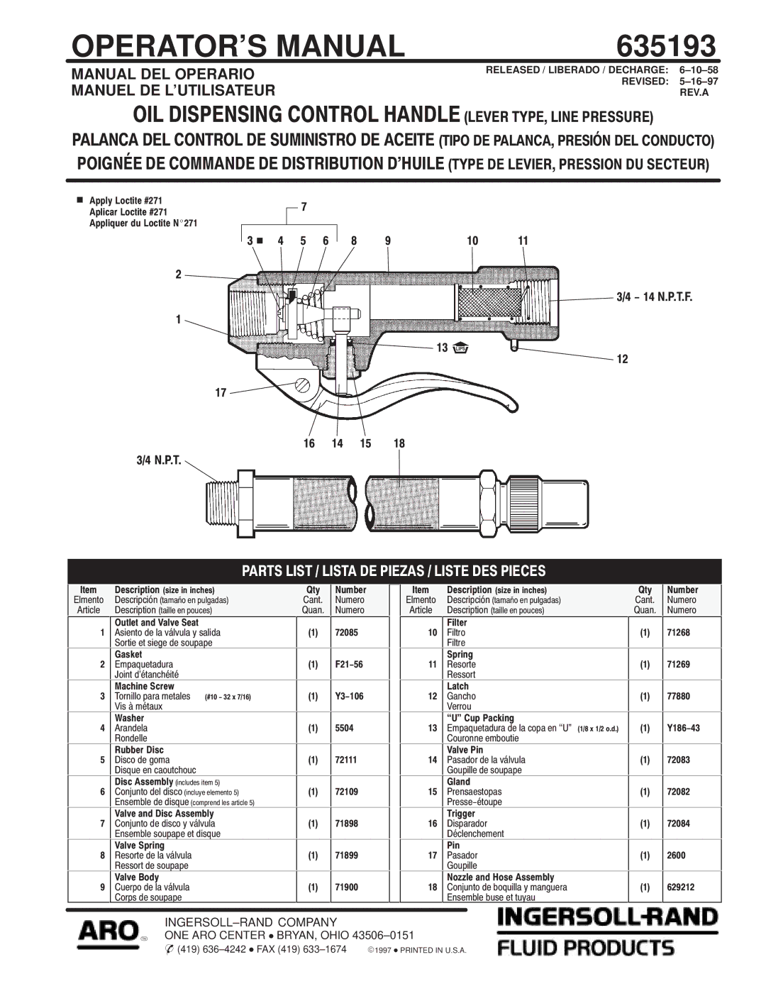 Ingersoll-Rand 635193 manual Operators Manual, Manual DEL Operario Manuel DE Lutilisateur 