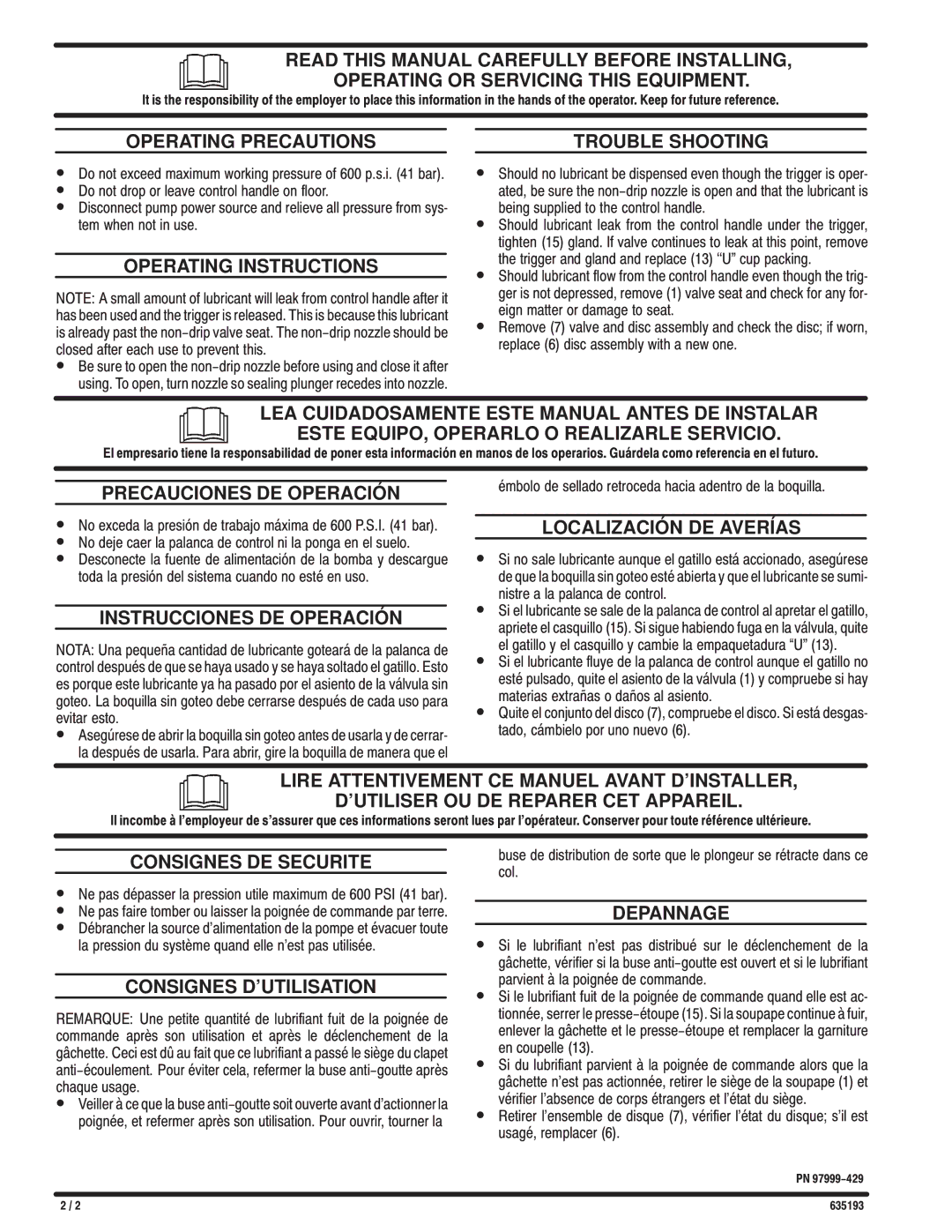 Ingersoll-Rand 635193 manual Operating Precautions, Operating Instructions, Trouble Shooting, Precauciones DE Operación 