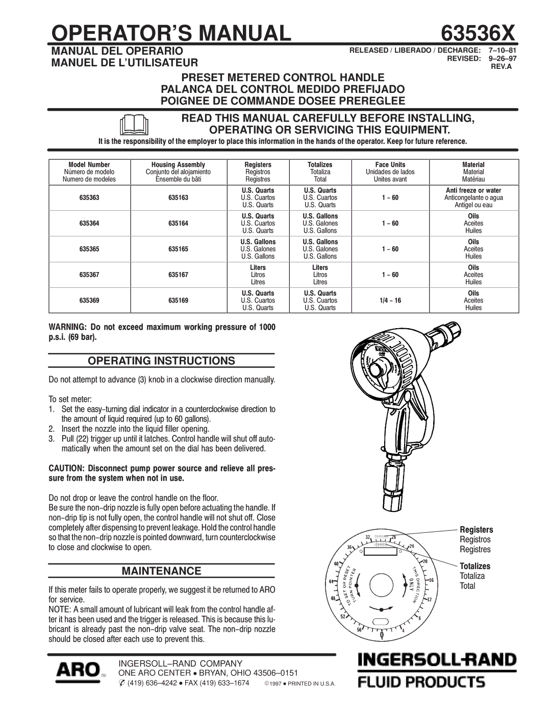 Ingersoll-Rand 63536X operating instructions Manual DEL Operario Manuel DE Lutilisateur, Operating Instructions 