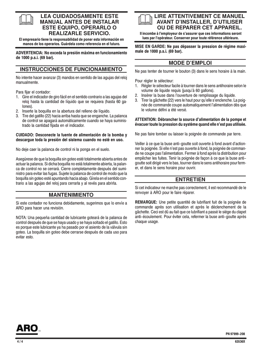 Ingersoll-Rand 63536X operating instructions Instrucciones DE Funcionamiento, Mantenimiento, Mode Demploi, Entretien 