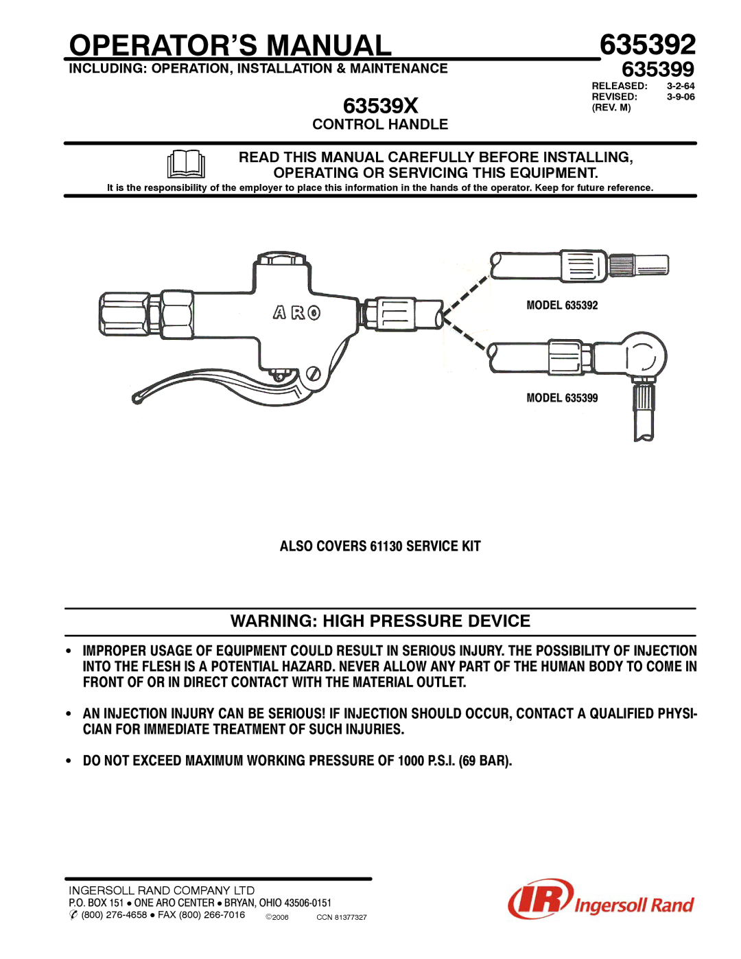 Ingersoll-Rand 63539X manual OPERATOR’S Manual, Also Covers 61130 Service KIT 