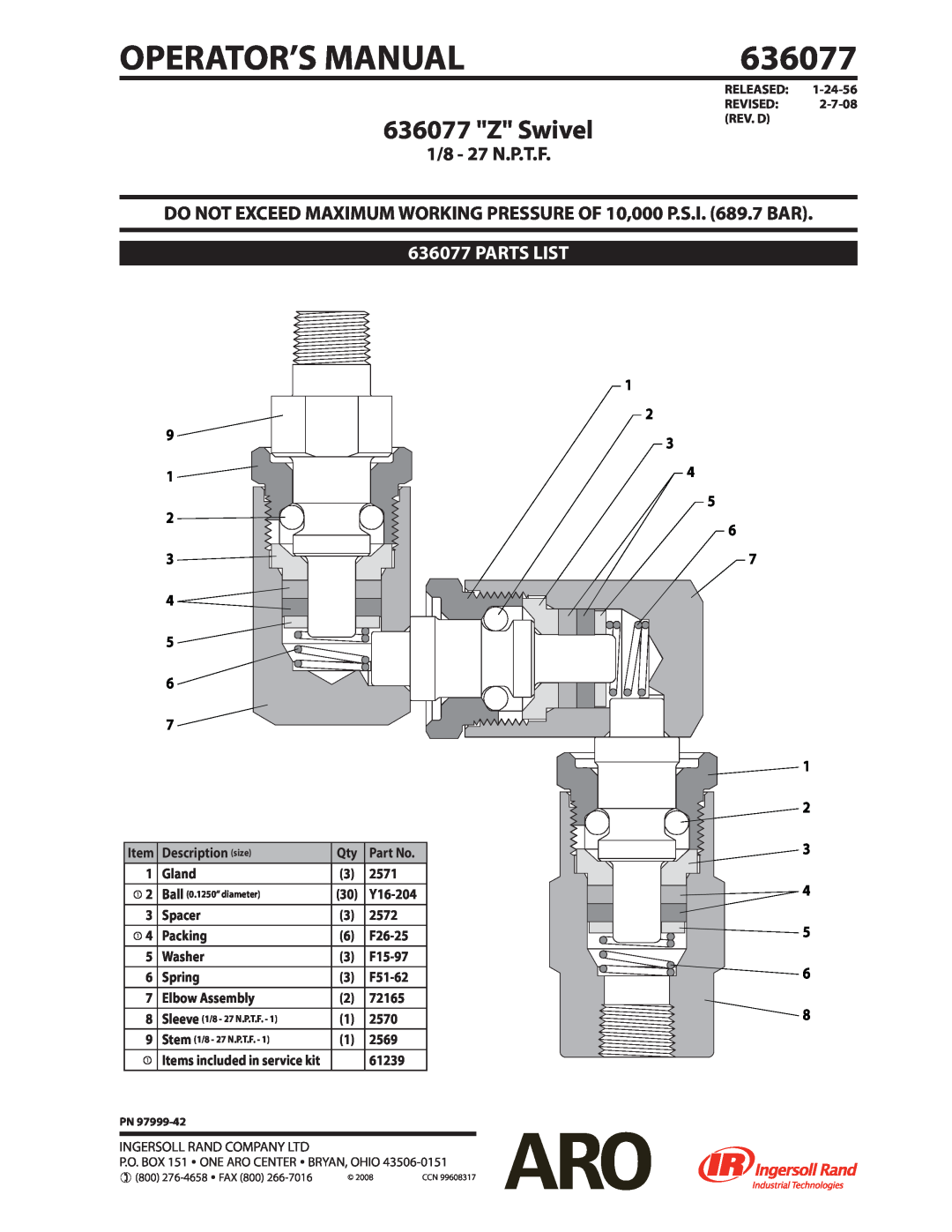Ingersoll-Rand 636077 manual Operator’S Manual, Z Swivel, 1/8 - 27 N.P.T.F, Parts List 
