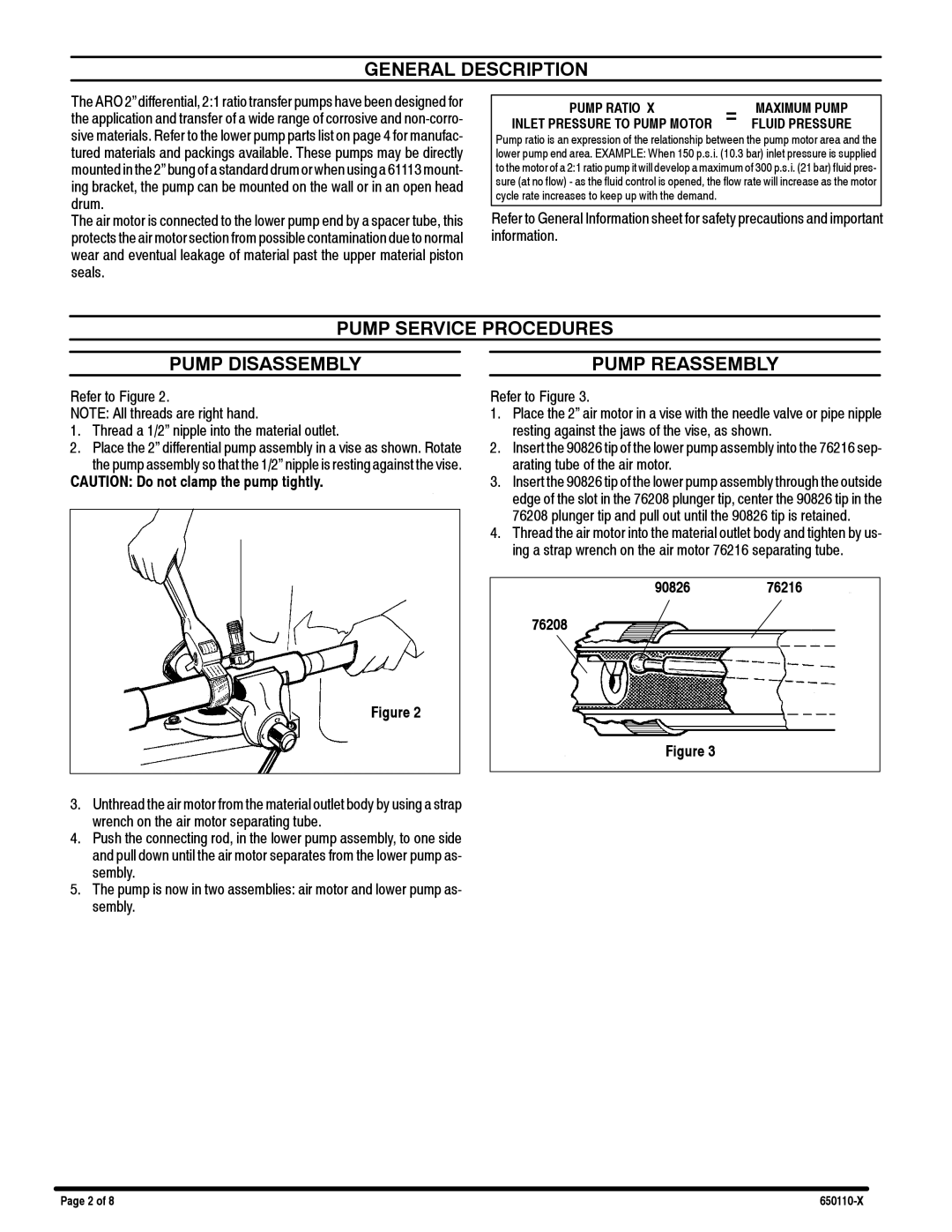 Ingersoll-Rand 650115-X General Description, Pump Service Procedures Pump Disassembly, Pump Reassembly, Refer to Figure 