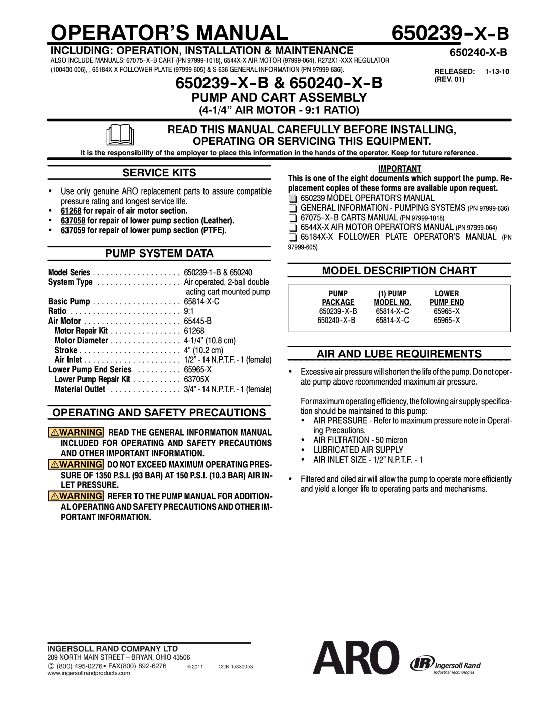 Ingersoll-Rand 650239-X-B general information manual Including OPERATION, Installation & Maintenance, Service Kits 