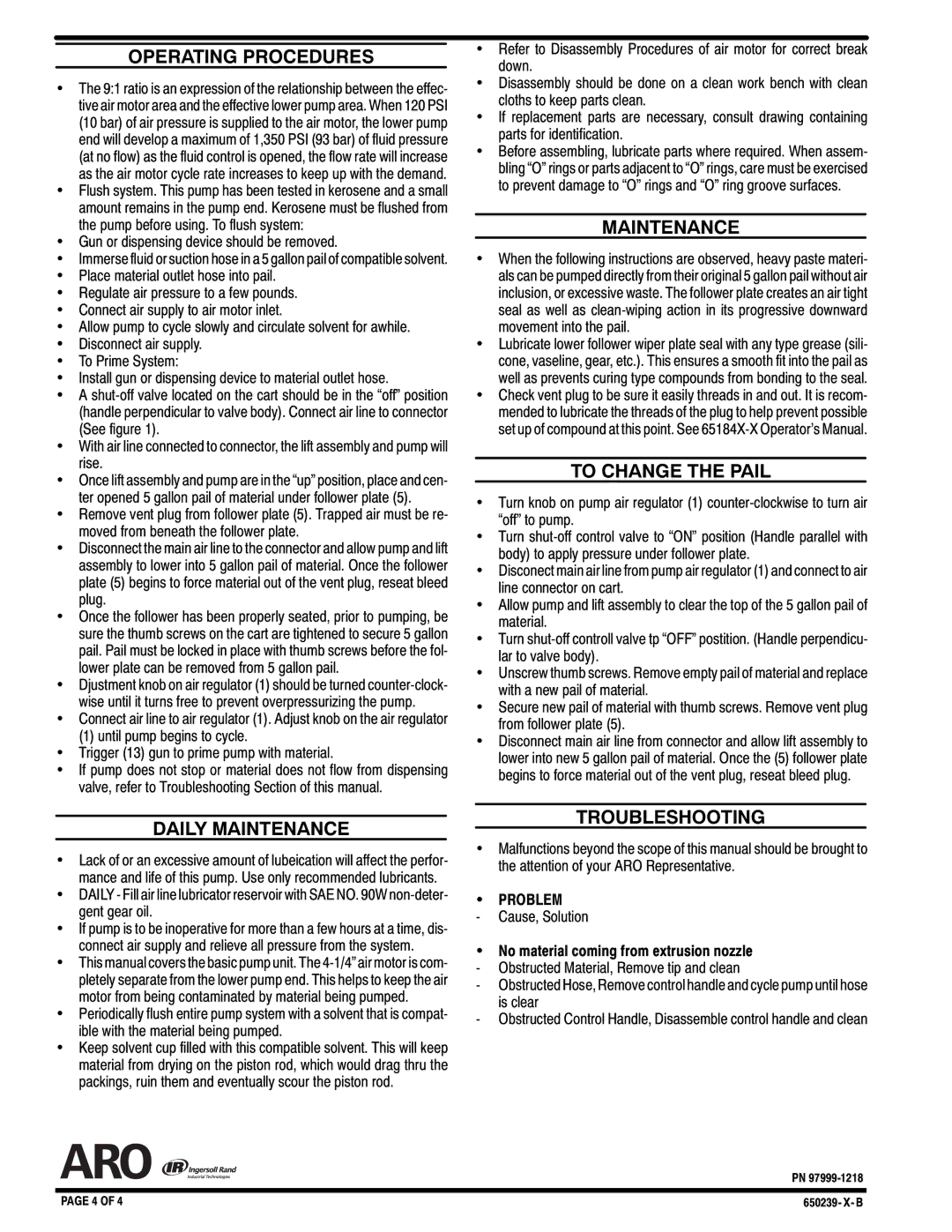 Ingersoll-Rand 650240-X-B, 650239-X-B Operating Procedures, Daily Maintenance, To Change the Pail, Troubleshooting 