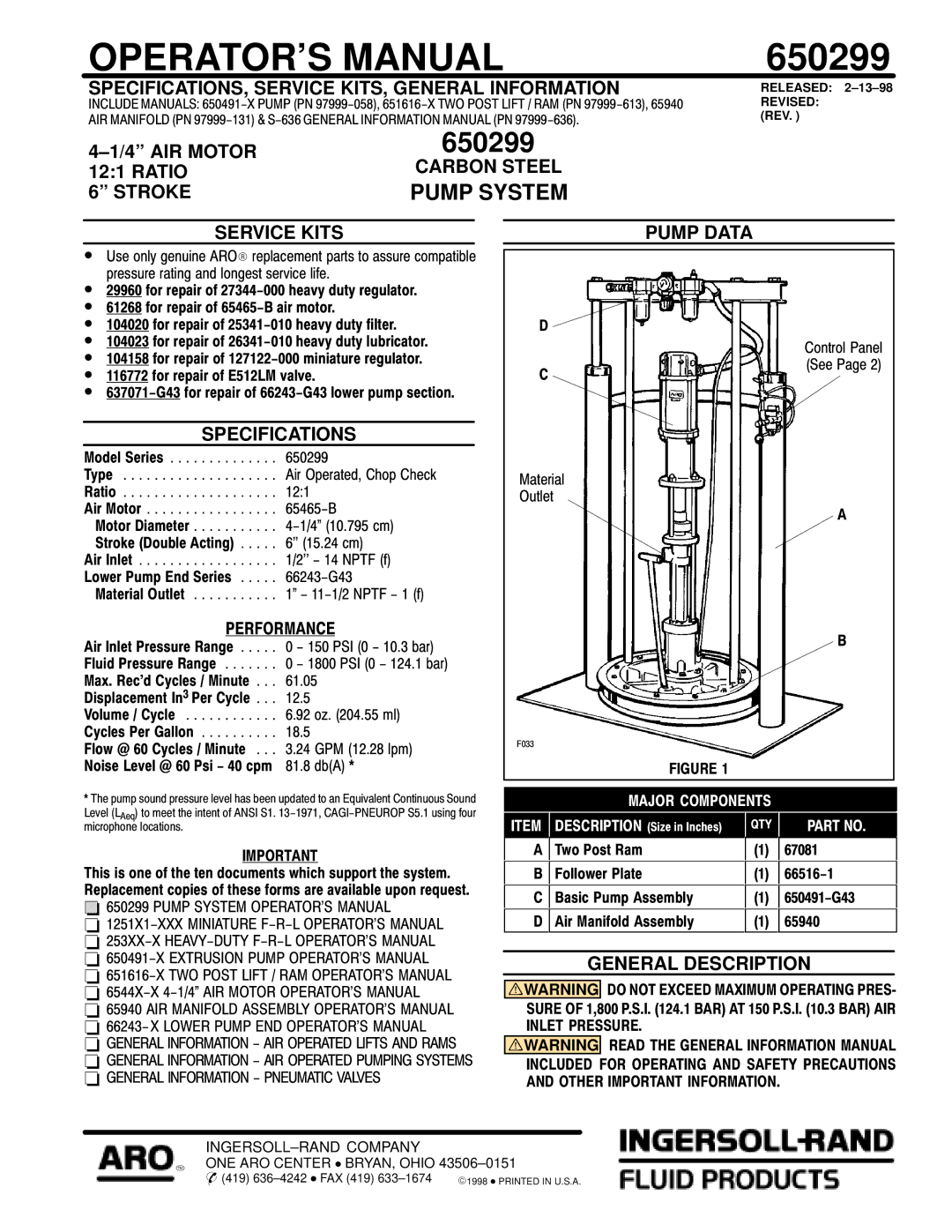 Ingersoll-Rand 650299 specifications SPECIFICATIONS, Service KITS, General Information, Stroke 