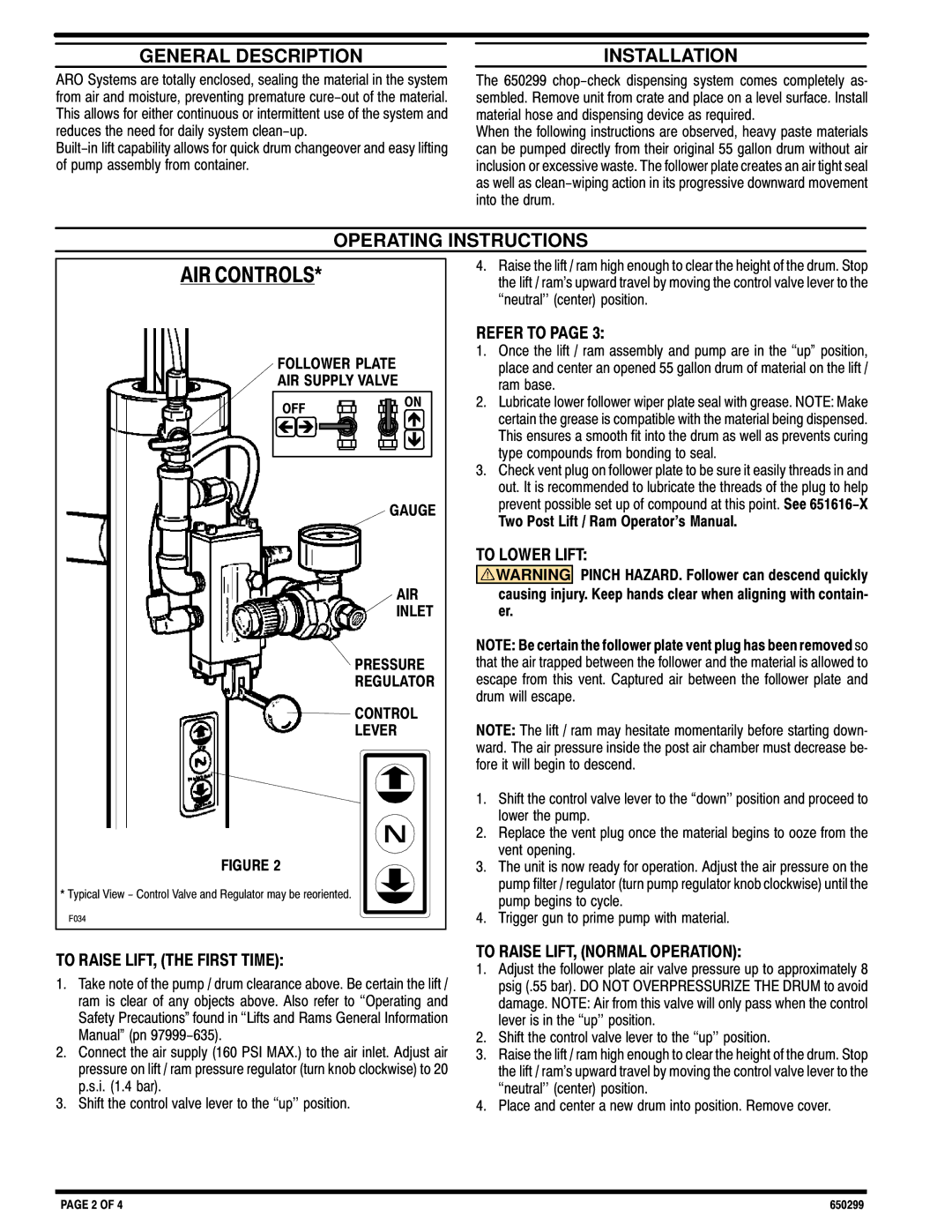 Ingersoll-Rand 650299 General Description, Installation, Operating Instructions, Follower Plate AIR Supply Valve 