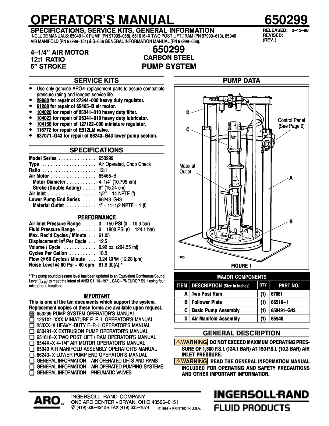 Ingersoll-Rand 650299 specifications Specifications, Service Kits, General Information, 4-1/4” AIR MOTOR, Ratio, 6” STROKE 