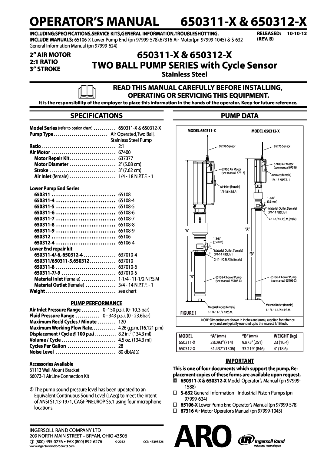 Ingersoll-Rand 650311-X & 650312-X specifications TWO BALL PUMP SERIES with Cycle Sensor, Specifications, Pump Data, Ratio 