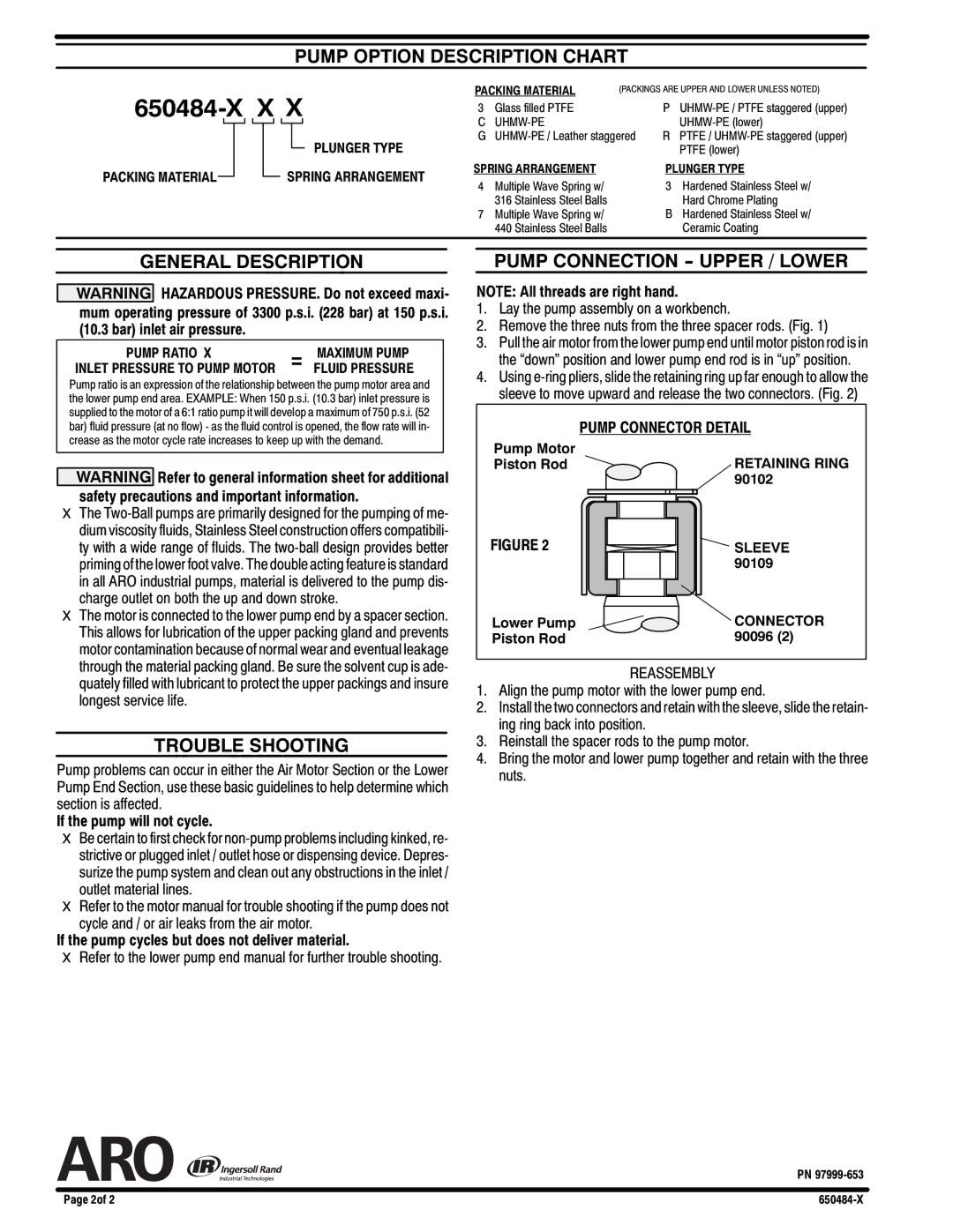 Ingersoll-Rand 650484-X specifications Pump Option Description Chart, General Description, Trouble Shooting 