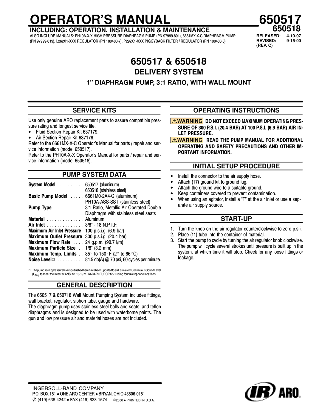 Ingersoll-Rand 650518 manual Including OPERATION, Installation & Maintenance, Operating Instructions, Pump System Data 