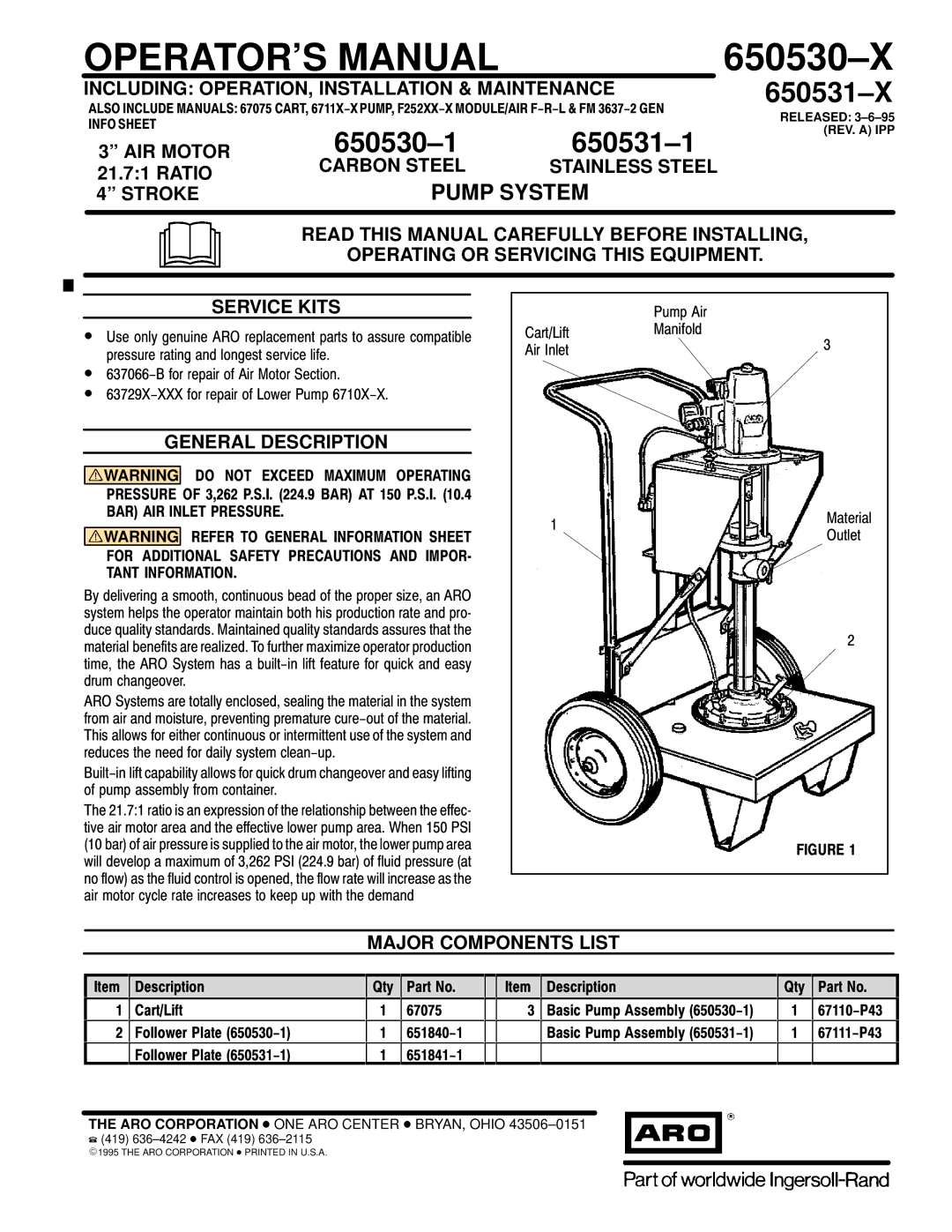 Ingersoll-Rand 650530-1, 650531-1 manual Including OPERATION, Installation & Maintenance, AIR Motor, Carbon Steel, Stroke 