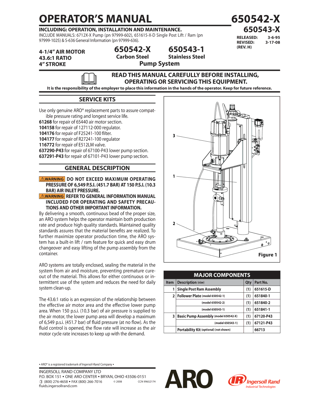 Ingersoll-Rand 650542-1, 650543-X general information manual Service Kits, General Description, BAR AIR Inlet Pressure 