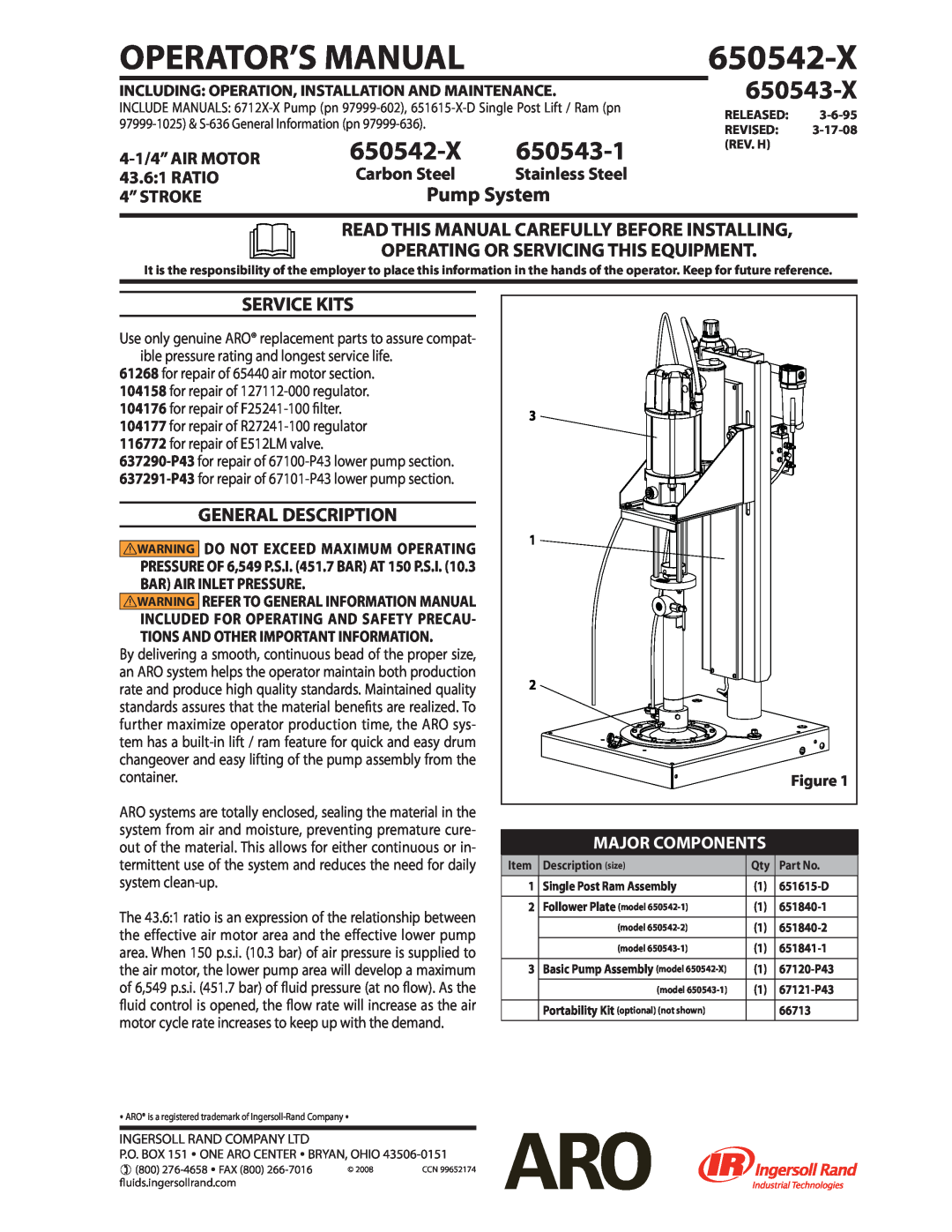 Ingersoll-Rand 650542-1 general information manual Read This Manual Carefully Before Installing, Service Kits, 650542-X 