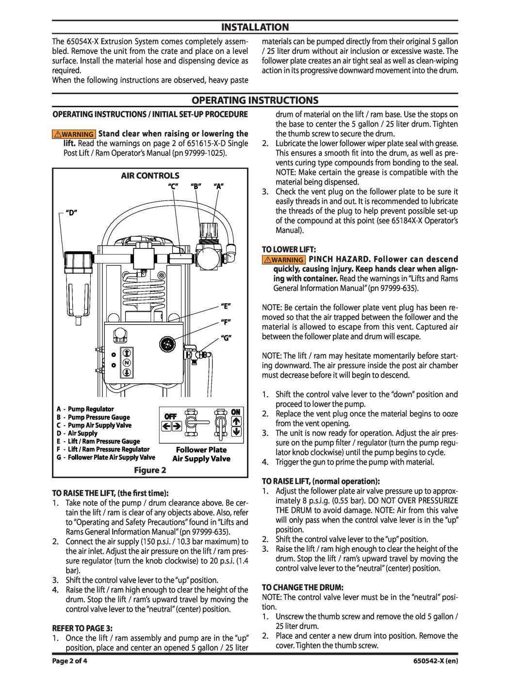 Ingersoll-Rand 650542-X, 650543-X Installation, Operating Instructions, Air Controls, TO RAISE THE LIFT, the first time 