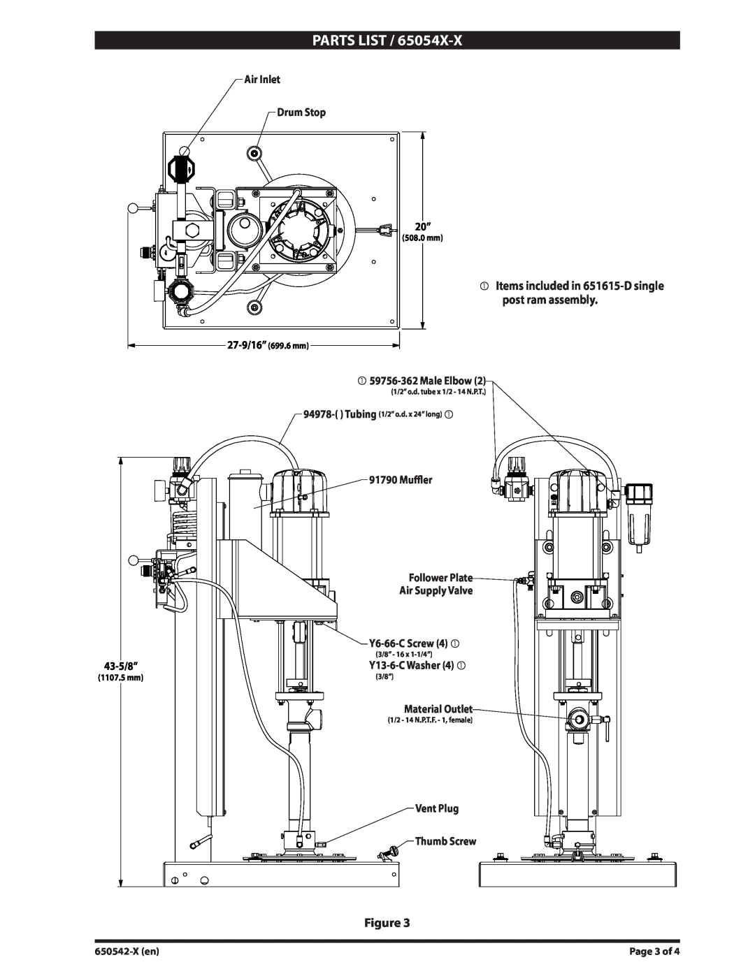 Ingersoll-Rand 650543-X, 650542-1, 650542-X general information manual Parts List, 43-5/8” 