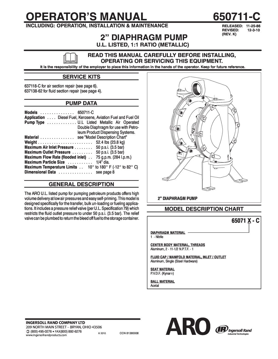 Ingersoll-Rand 650711-C manual U.L. LISTED, 1 1 RATIO METALLIC, Read This Manual Carefully Before Installing, 2010 