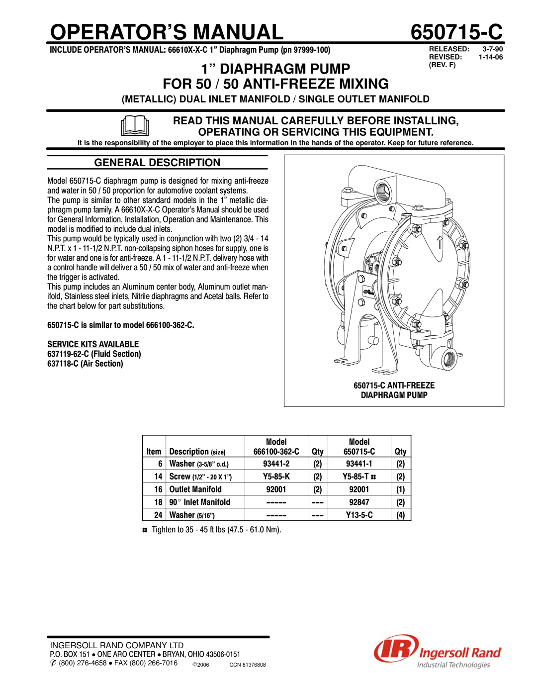 Ingersoll-Rand 650715-C manual OPERATOR’S Manual, Diaphragm Pump For 50 / 50 ANTI-FREEZE Mixing, General Description 