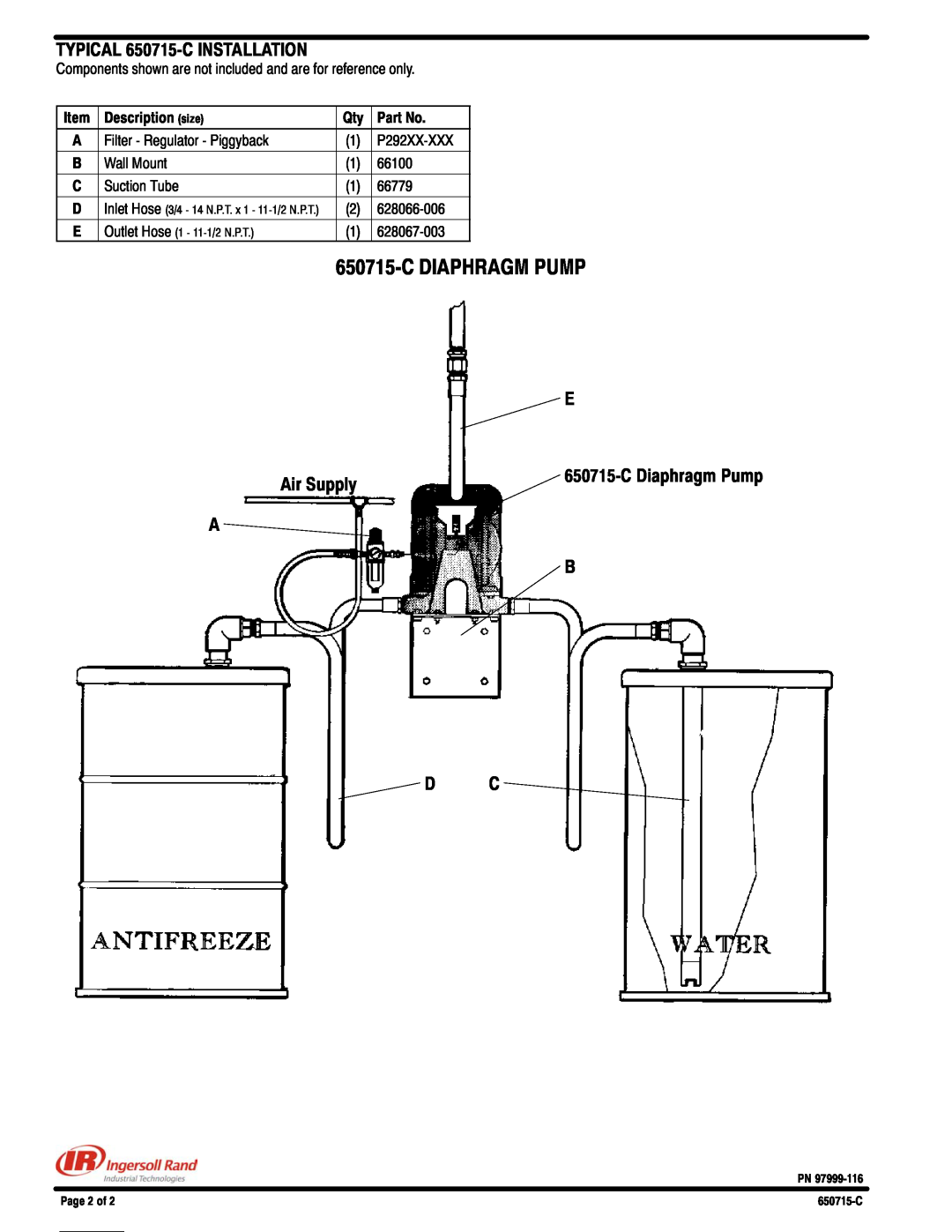 Ingersoll-Rand manual C Diaphragm Pump, TYPICAL 650715-C INSTALLATION, Air Supply, A B D C 
