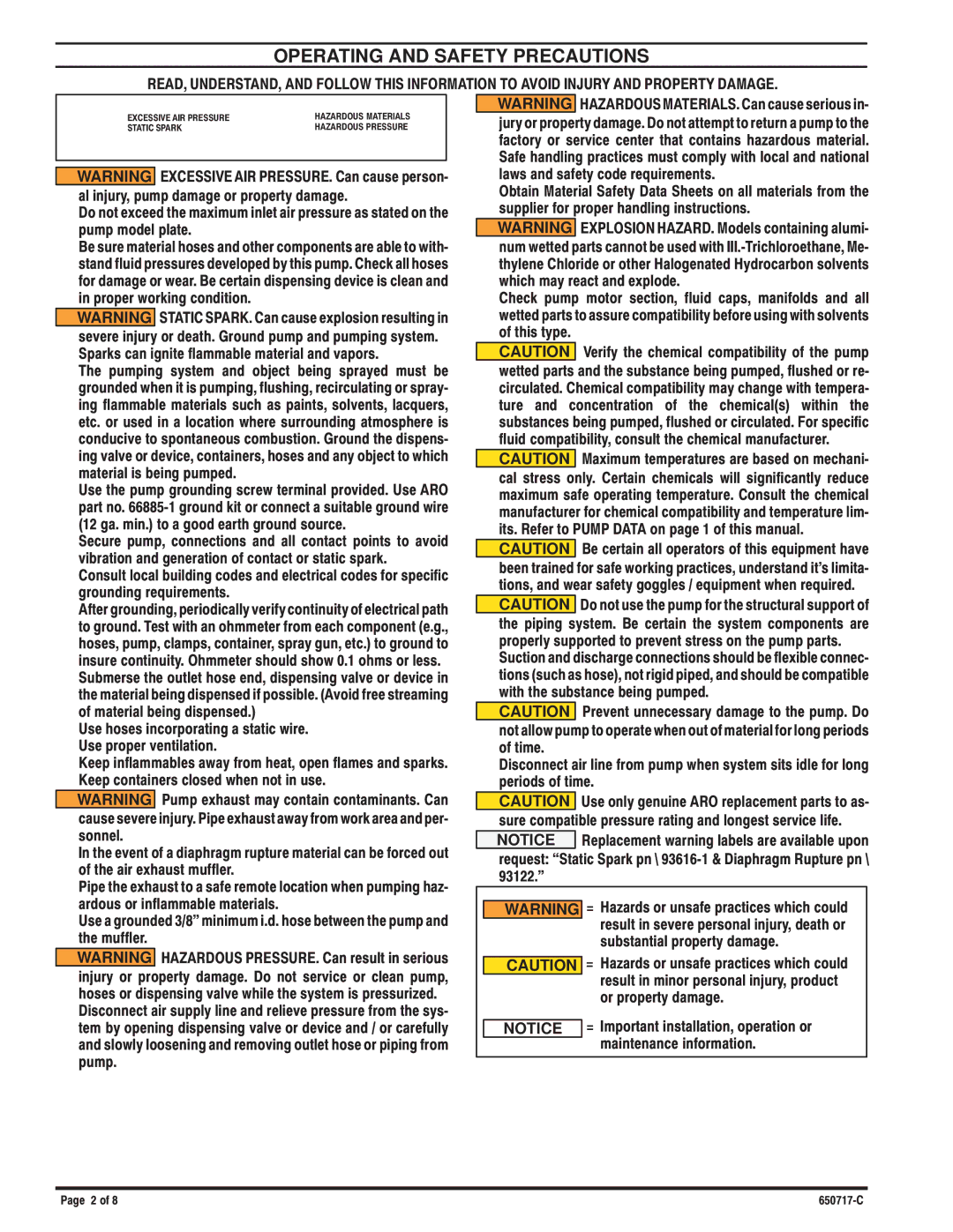 Ingersoll-Rand 650717-C manual Operating and Safety Precautions 