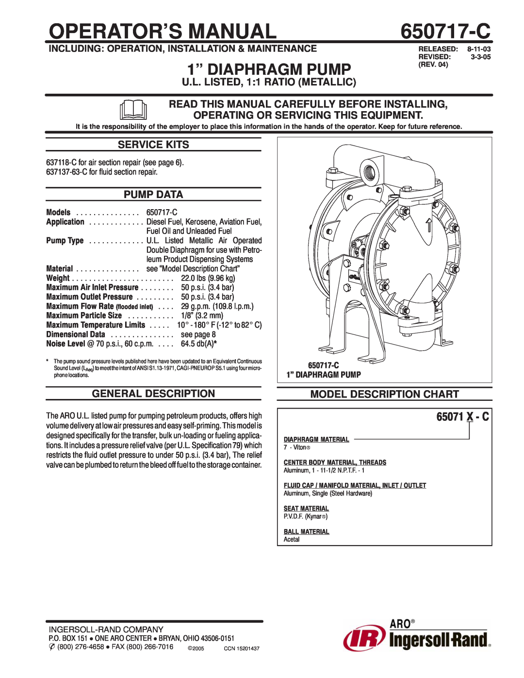 Ingersoll-Rand 650717-C manual U.L. LISTED, 11 RATIO METALLIC, Read This Manual Carefully Before Installing, E2005 
