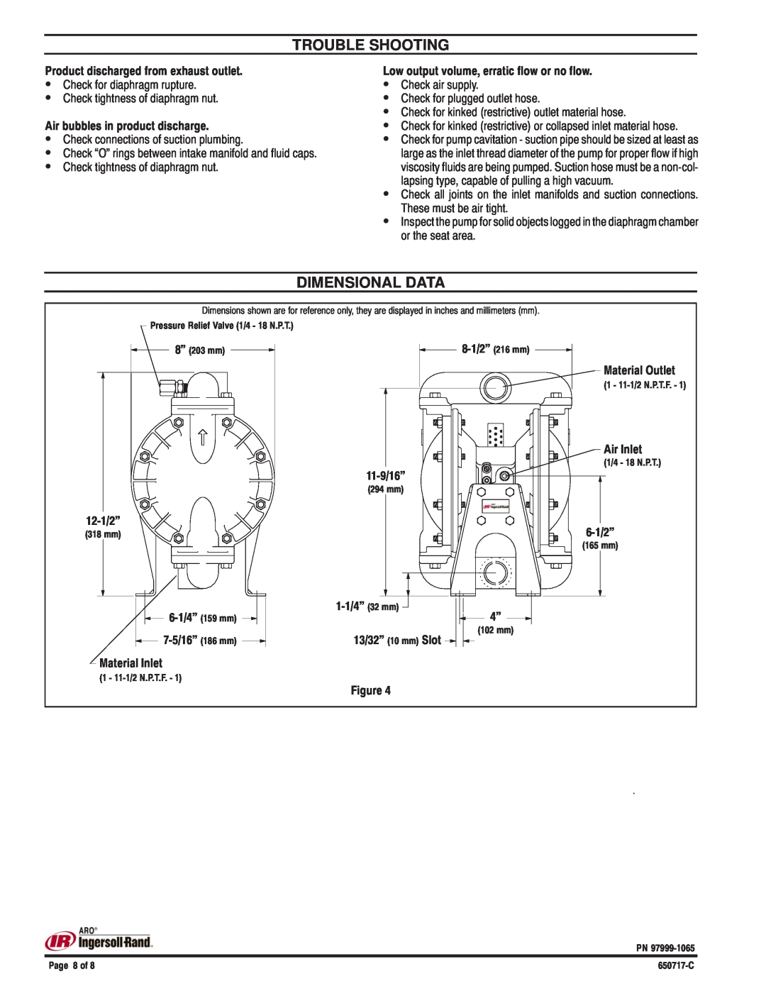 Ingersoll-Rand 650717-C manual Trouble Shooting, Dimensional Data 