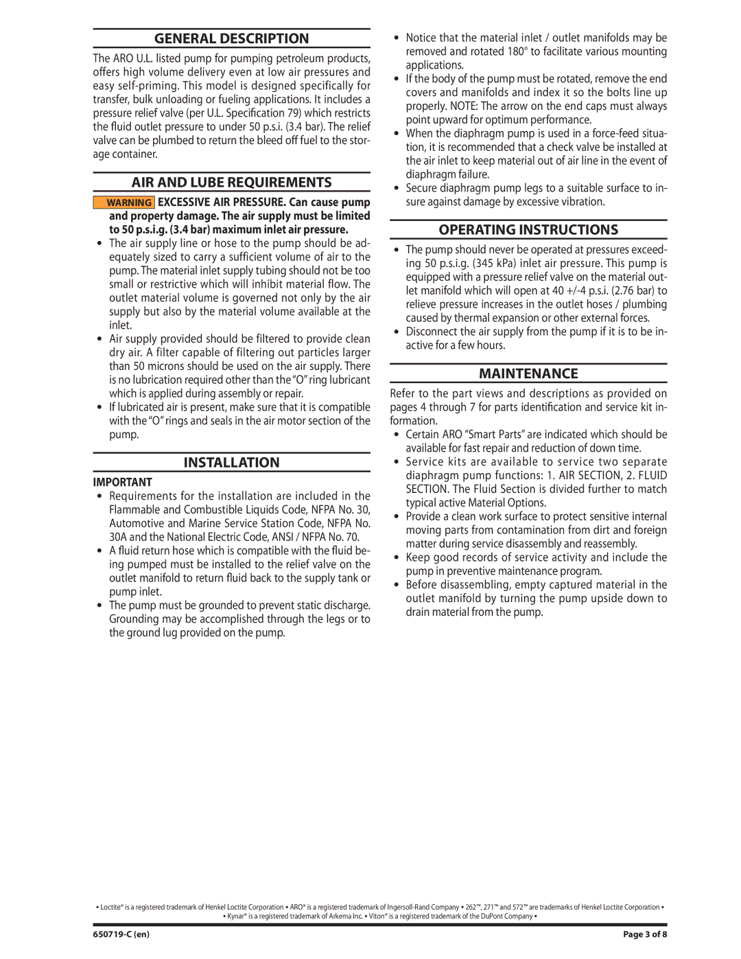 Ingersoll-Rand 650719-C General Description, AIR and Lube Requirements, Installation, Operating Instructions, Maintenance 