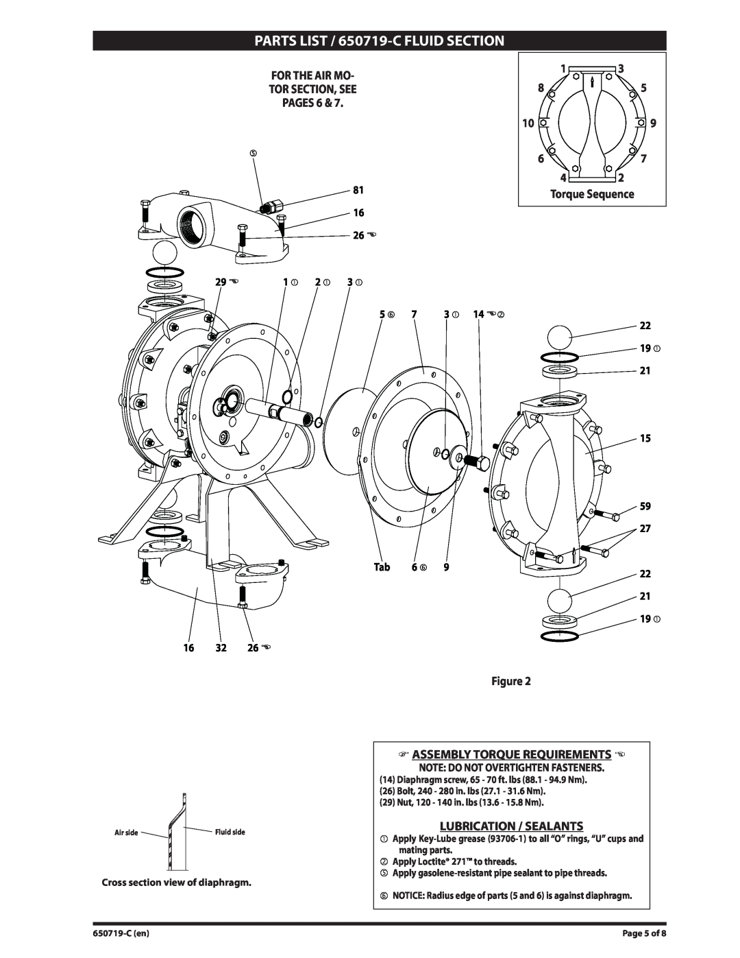Ingersoll-Rand 650719-C For The Air Mo Tor Section, See Pages, 13 85 109 67 42 Torque Sequence, Lubrication / Sealants 
