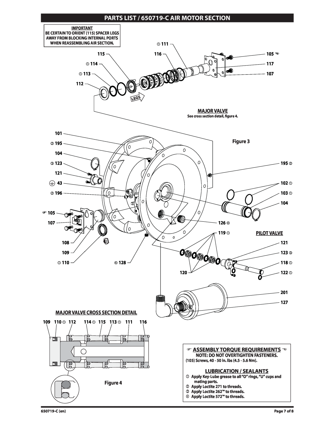 Ingersoll-Rand 650719-C Pilot Valve, Major Valve Cross Section Detail, Assembly Torque Requirements, 115, 117, 105 