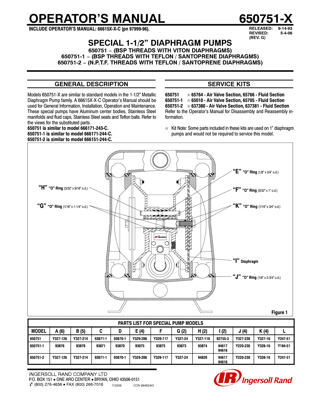 Ingersoll-Rand 650751-1   650751-2 manual OPERATOR’S Manual, 650751-X, Special 1-1/2 Diaphragm Pumps 