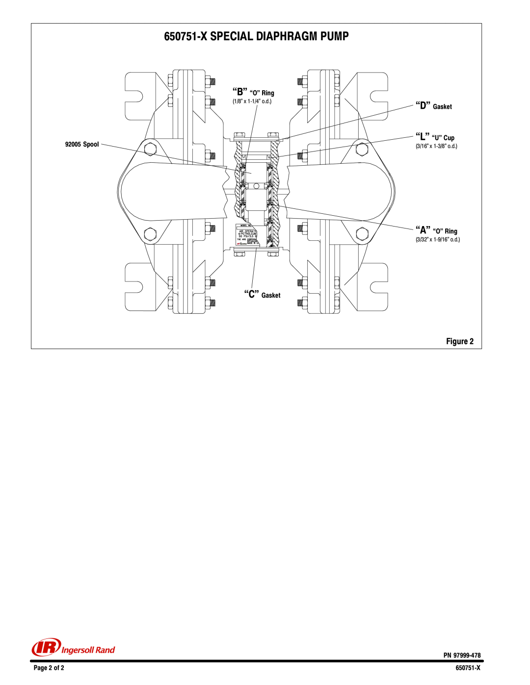 Ingersoll-Rand 650751 Xspecial Diaphragm Pump, ‘‘B ‘‘O Ring, ‘‘D Gasket, Spool, ‘‘L ‘‘U Cup, ‘‘A ‘‘O Ring, ‘‘C Gasket 