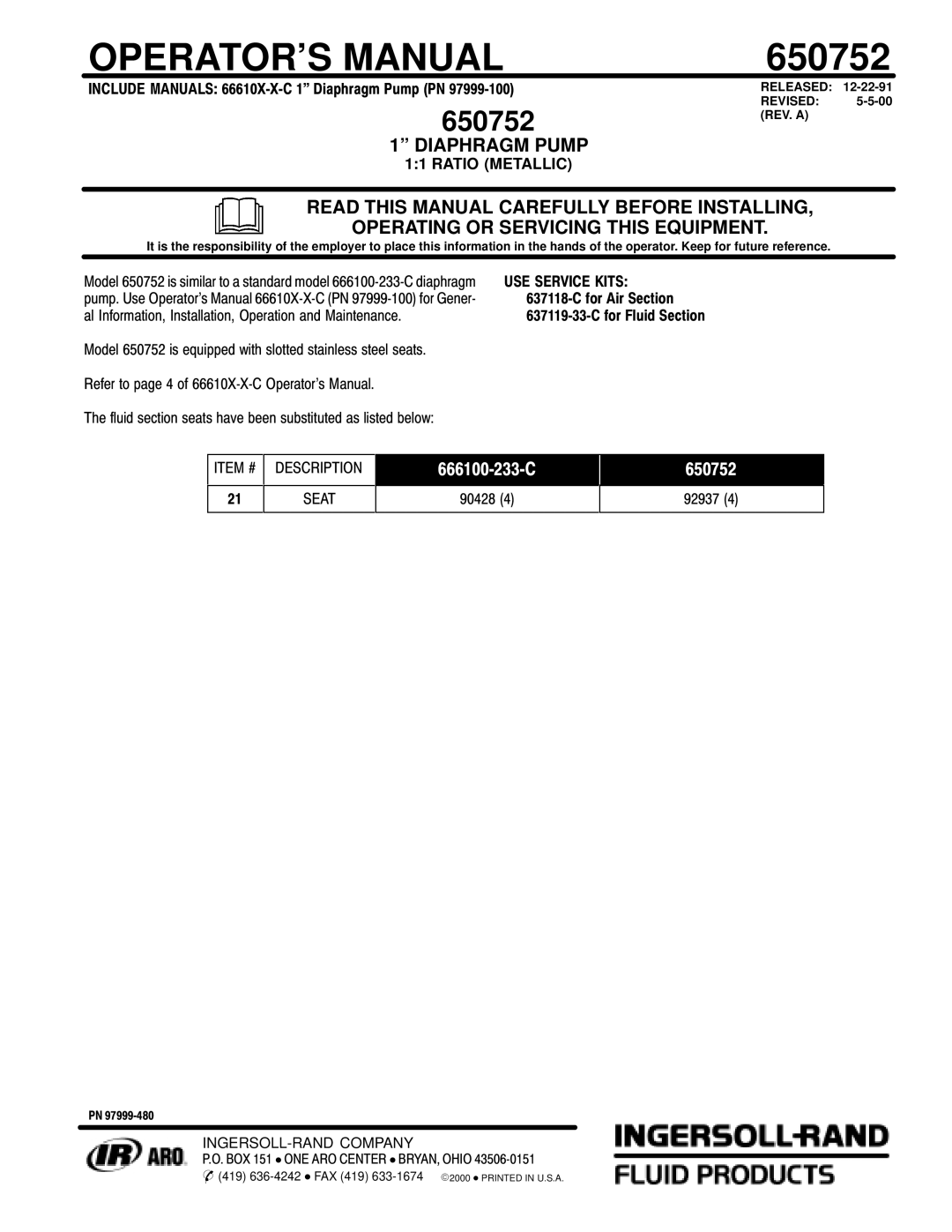 Ingersoll-Rand 650752 manual OPERATOR’S Manual 