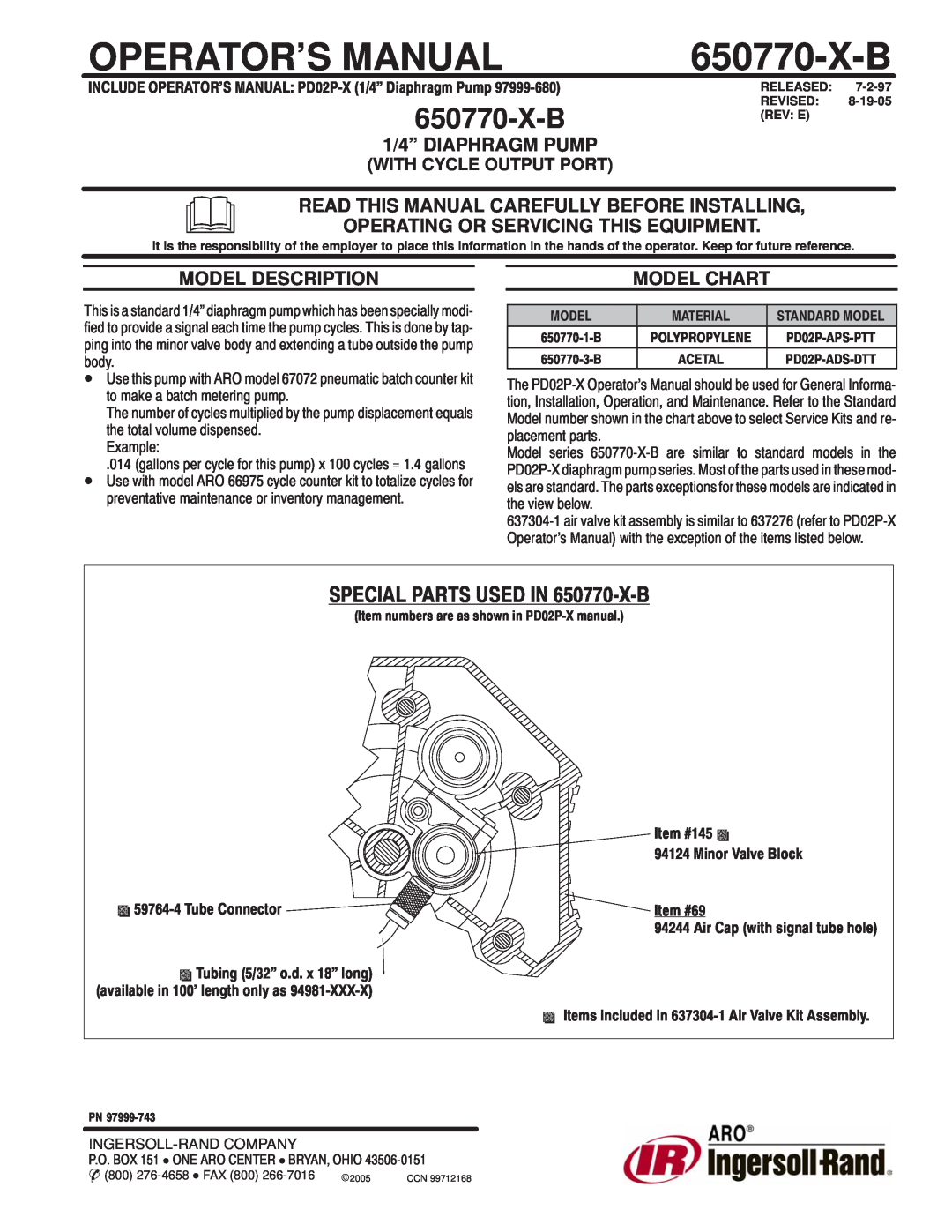 Ingersoll-Rand 650770-X-B manual Operator’S Manual, 1/4” DIAPHRAGM PUMP, Read This Manual Carefully Before Installing 