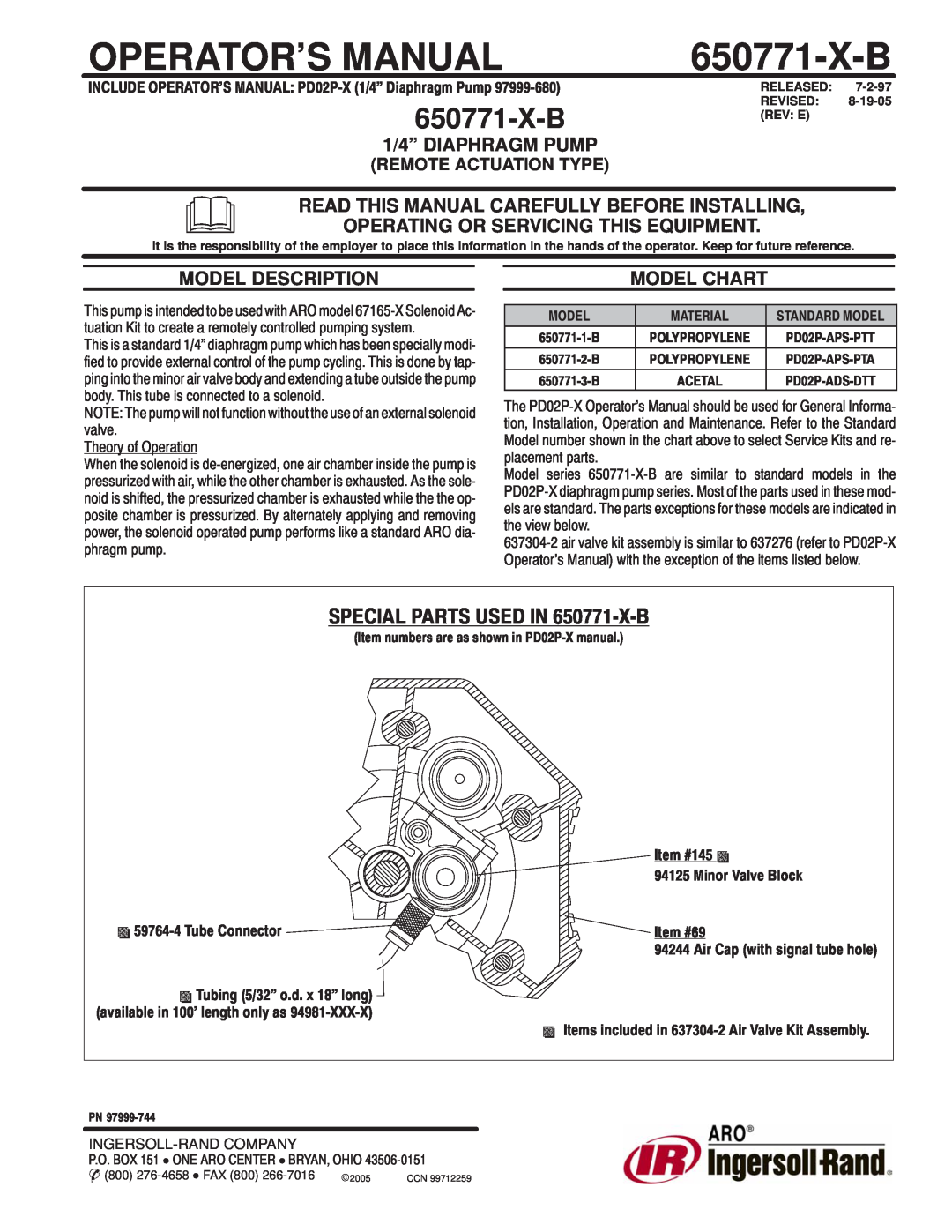 Ingersoll-Rand 6507713B manual Operator’S Manual, 650771-X-B, 1/4” DIAPHRAGM PUMP, Operating Or Servicing This Equipment 