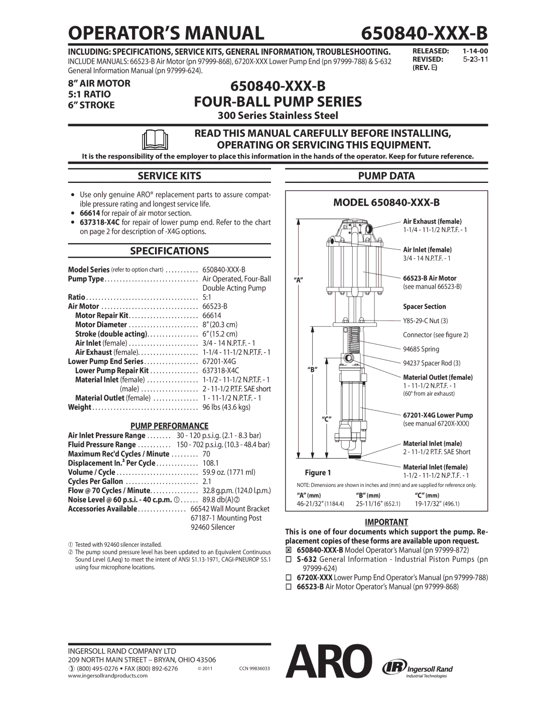 Ingersoll-Rand 650840-XXX-B specifications Service Kits, Specifications, Pump Data 