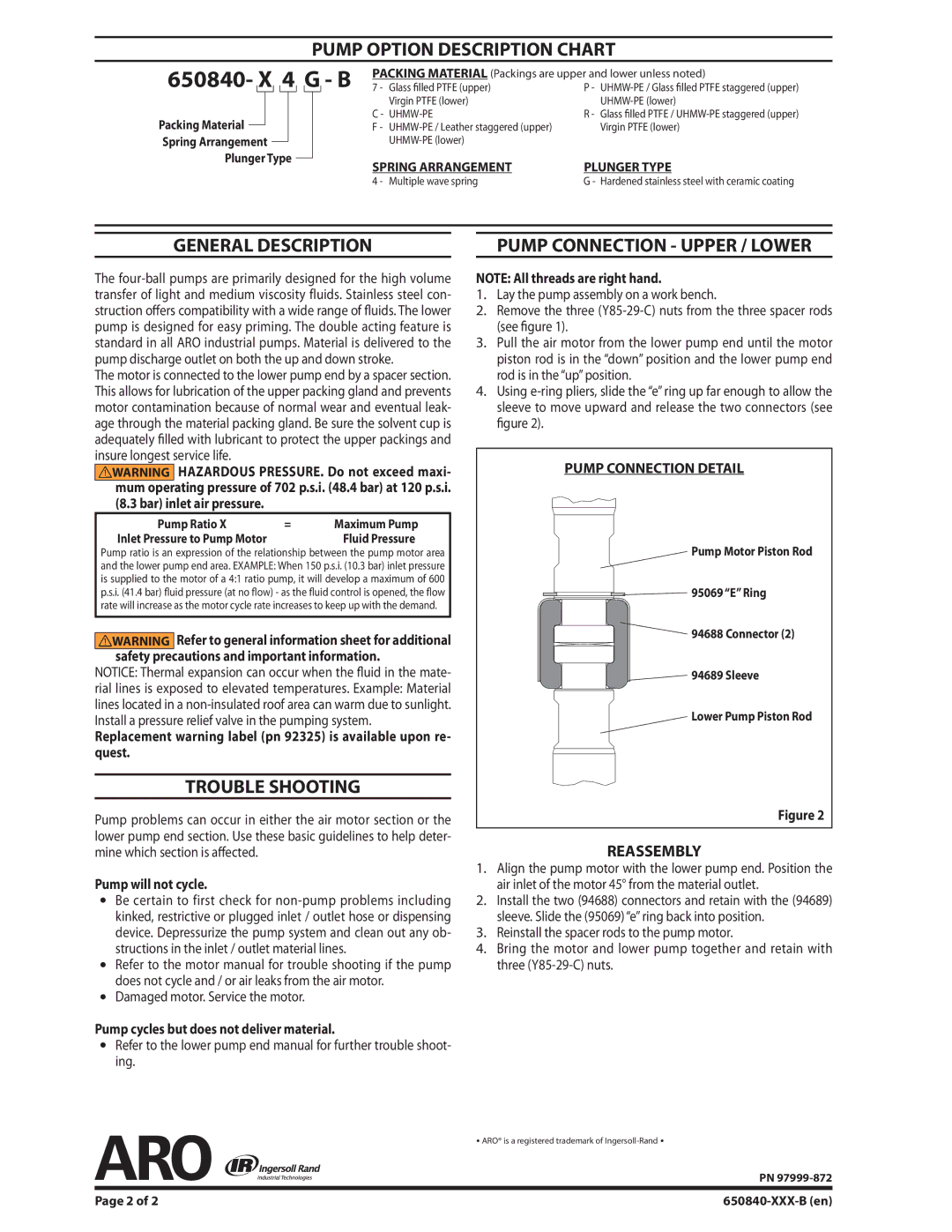 Ingersoll-Rand 650840-XXX-B Pump Option Description Chart, General Description, Trouble Shooting, Pump will not cycle 