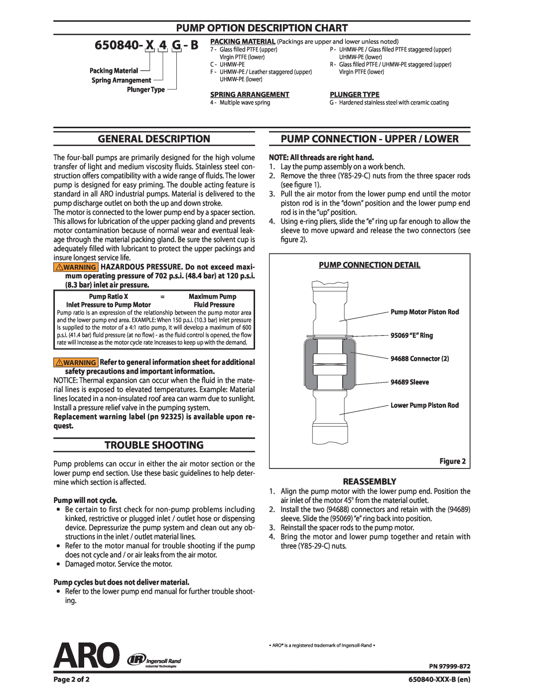 Ingersoll-Rand 650840-XXX-B specifications Pump Option Description Chart, General Description, Trouble Shooting, Reassembly 
