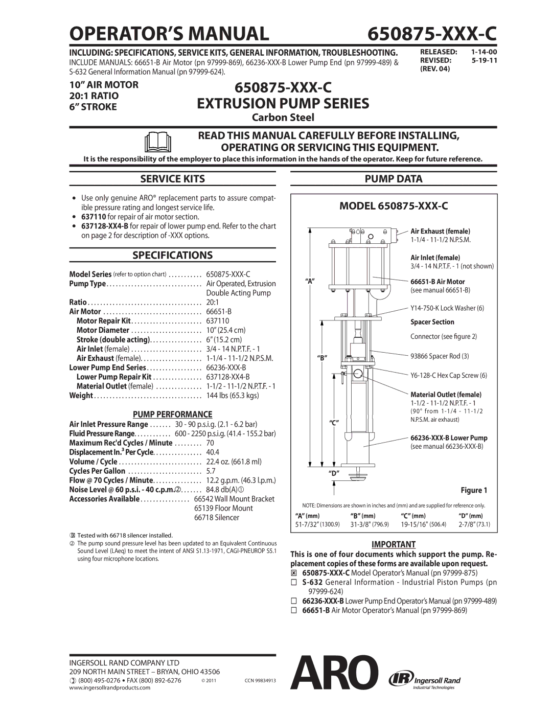 Ingersoll-Rand 650875-XXX-C specifications Service Kits, Specifications, Pump Data 