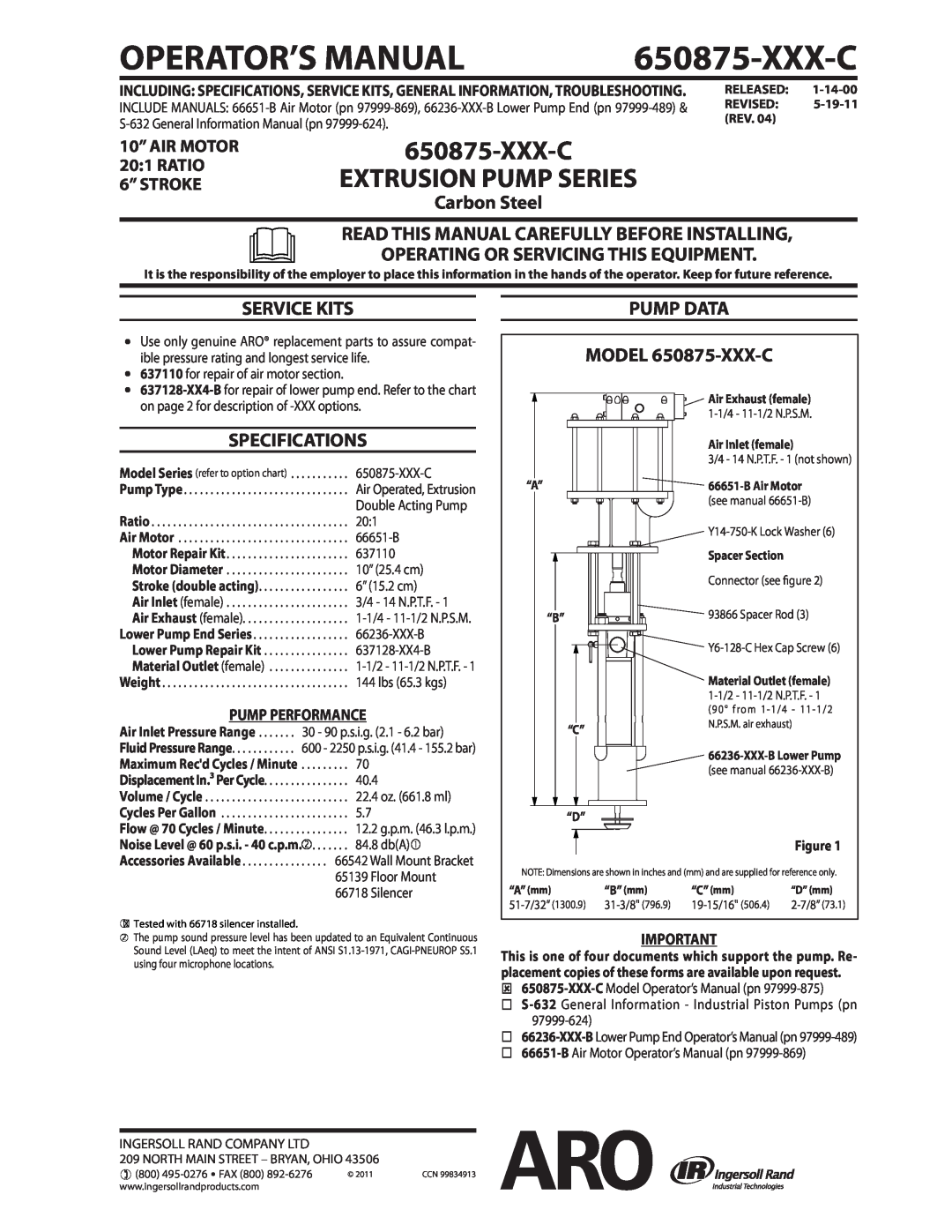 Ingersoll-Rand 650875-XXX-C specifications Extrusion Pump Series, Carbon Steel, Operating Or Servicing This Equipment 