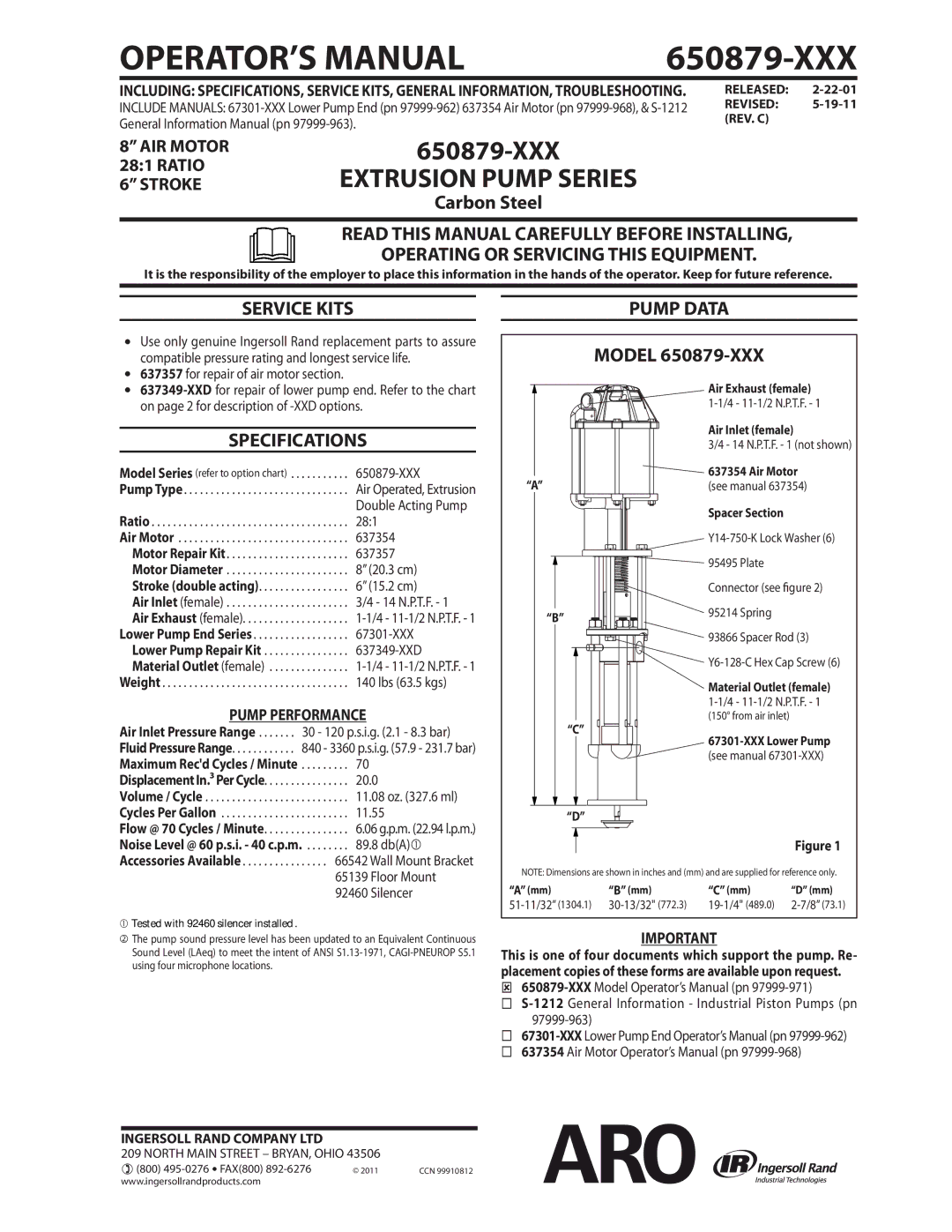 Ingersoll-Rand 650879-XXX specifications Service Kits, Specifications, Pump Data 