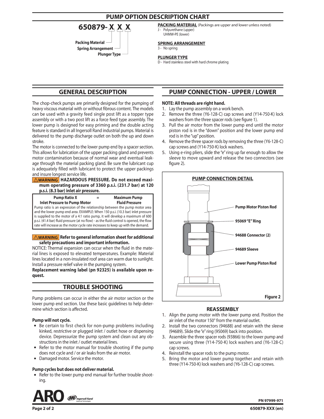 Ingersoll-Rand 650879-XXX Pump Option Description Chart, General Description, Trouble Shooting, Pump will not cycle 