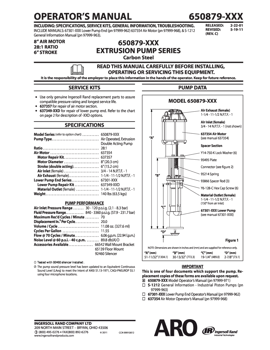 Ingersoll-Rand 650879-XXX specifications Extrusion Pump Series, Carbon Steel READ THIS MANUAL CAREFULLY BEFORE INSTALLING 