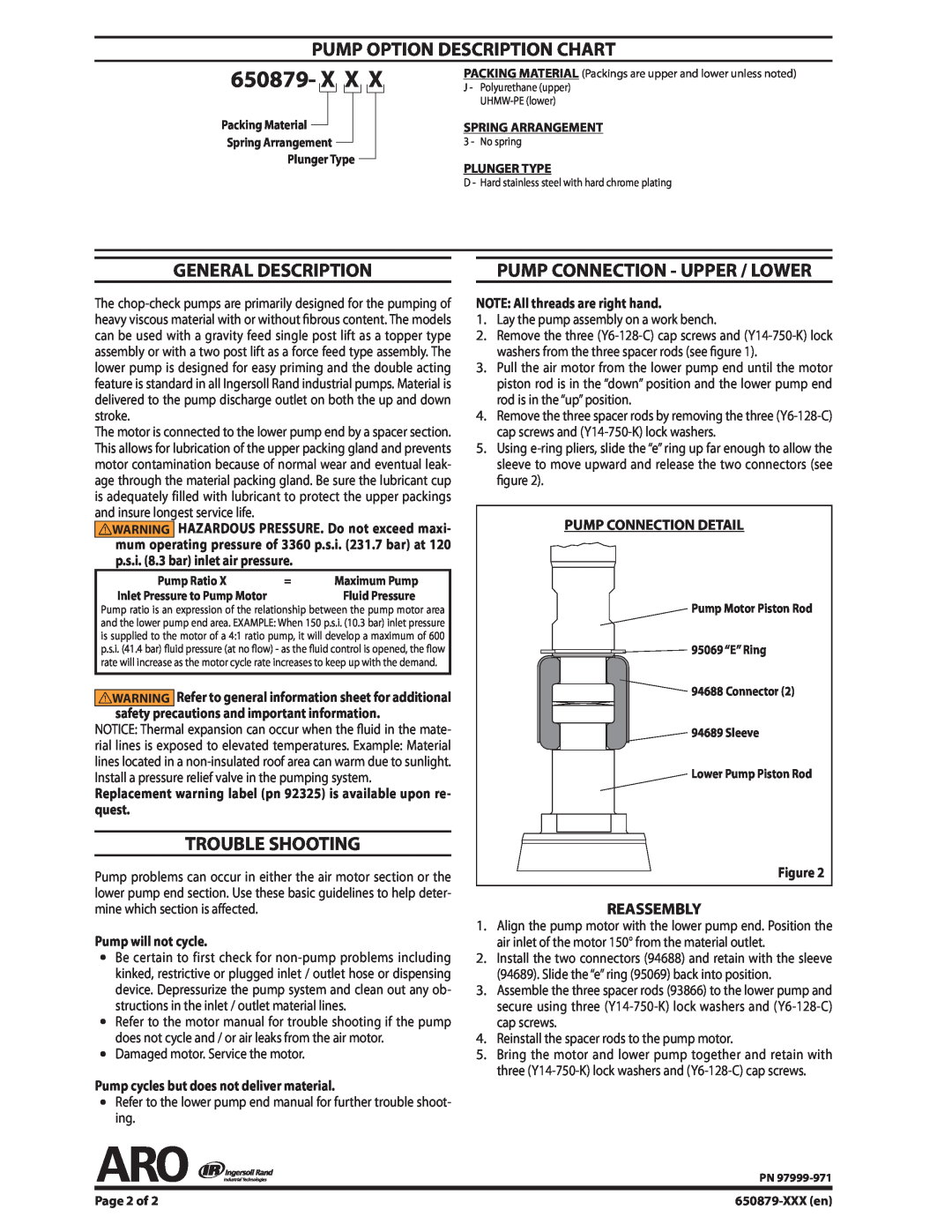 Ingersoll-Rand 650879-XXX specifications Pump Option Description Chart, General Description, Trouble Shooting, Reassembly 